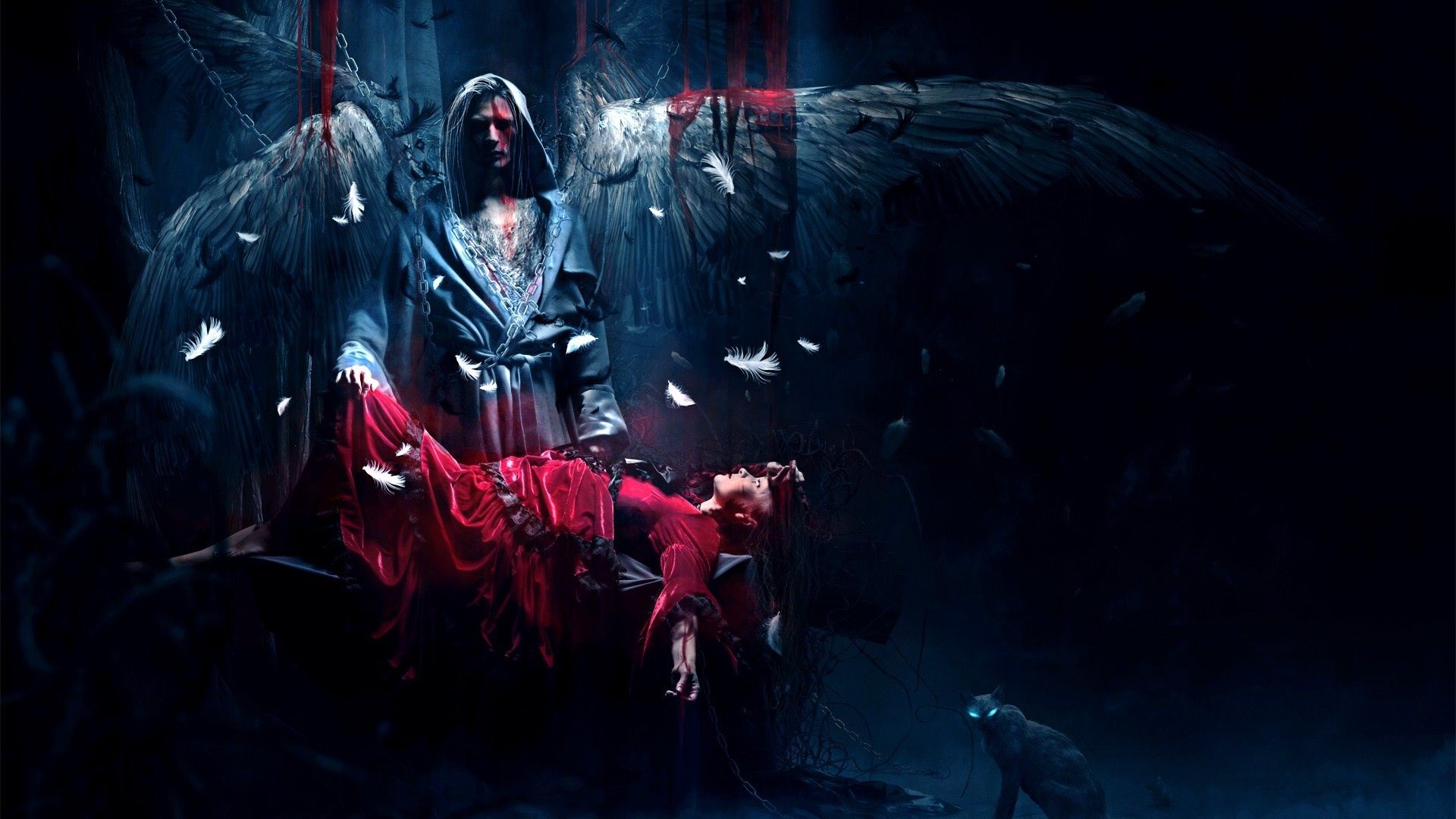 Angel holding a woman in a red dress HD Wallpaper