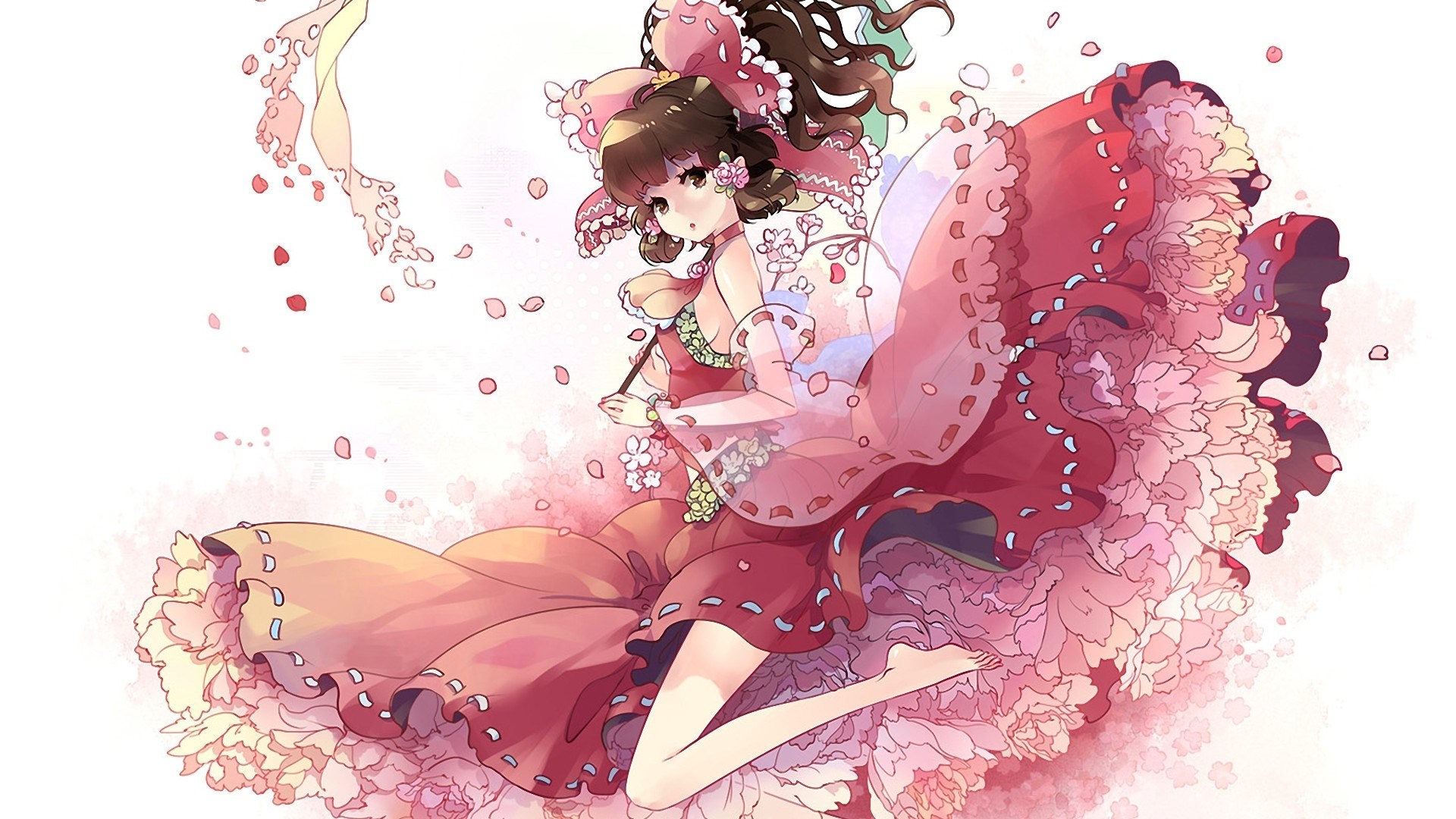 Anime girl in a large pink dress with flowers HD Wallpaper