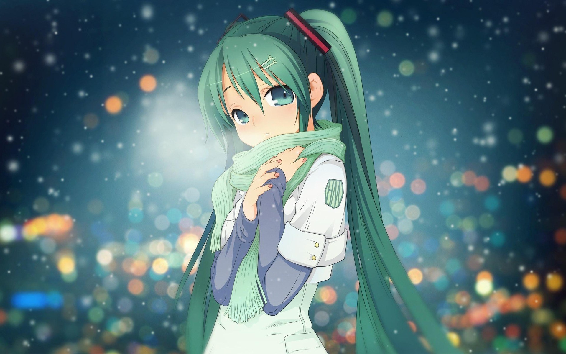 Anime girl with green hair and scarf HD Wallpaper