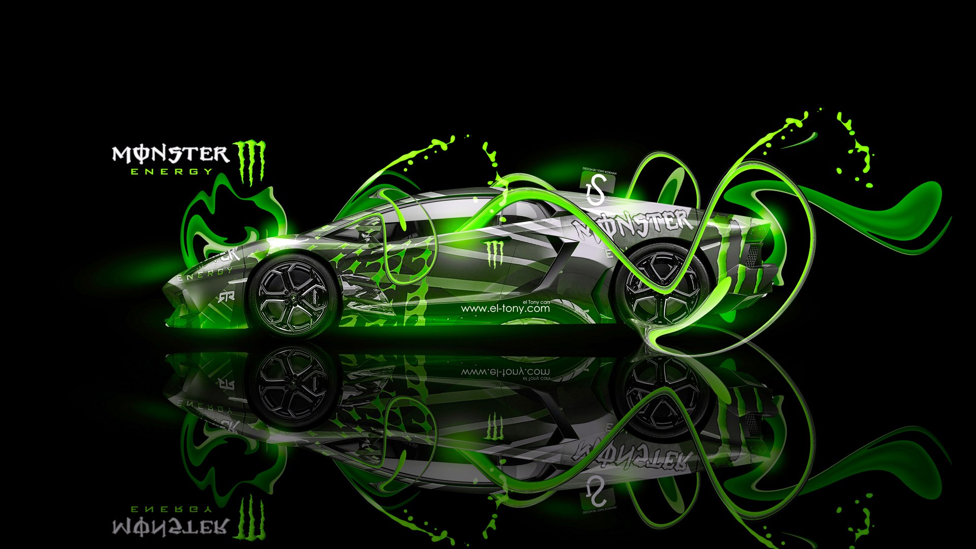 Monster Energy Lamborghini with Green Swirls HD Wallpaper
