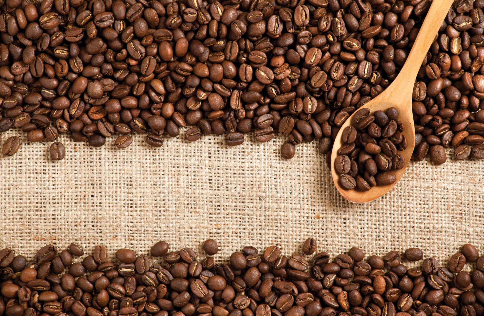 Coffee beans on burlap with wooden spoon HD Wallpaper