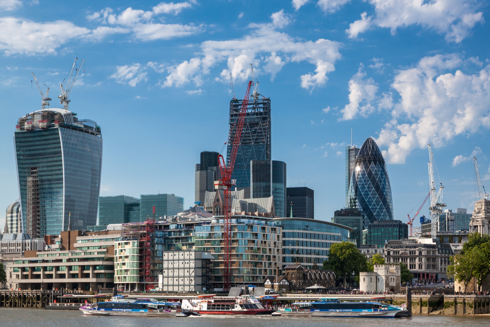 London skyline with skyscrapers and river boats HD Wallpaper
