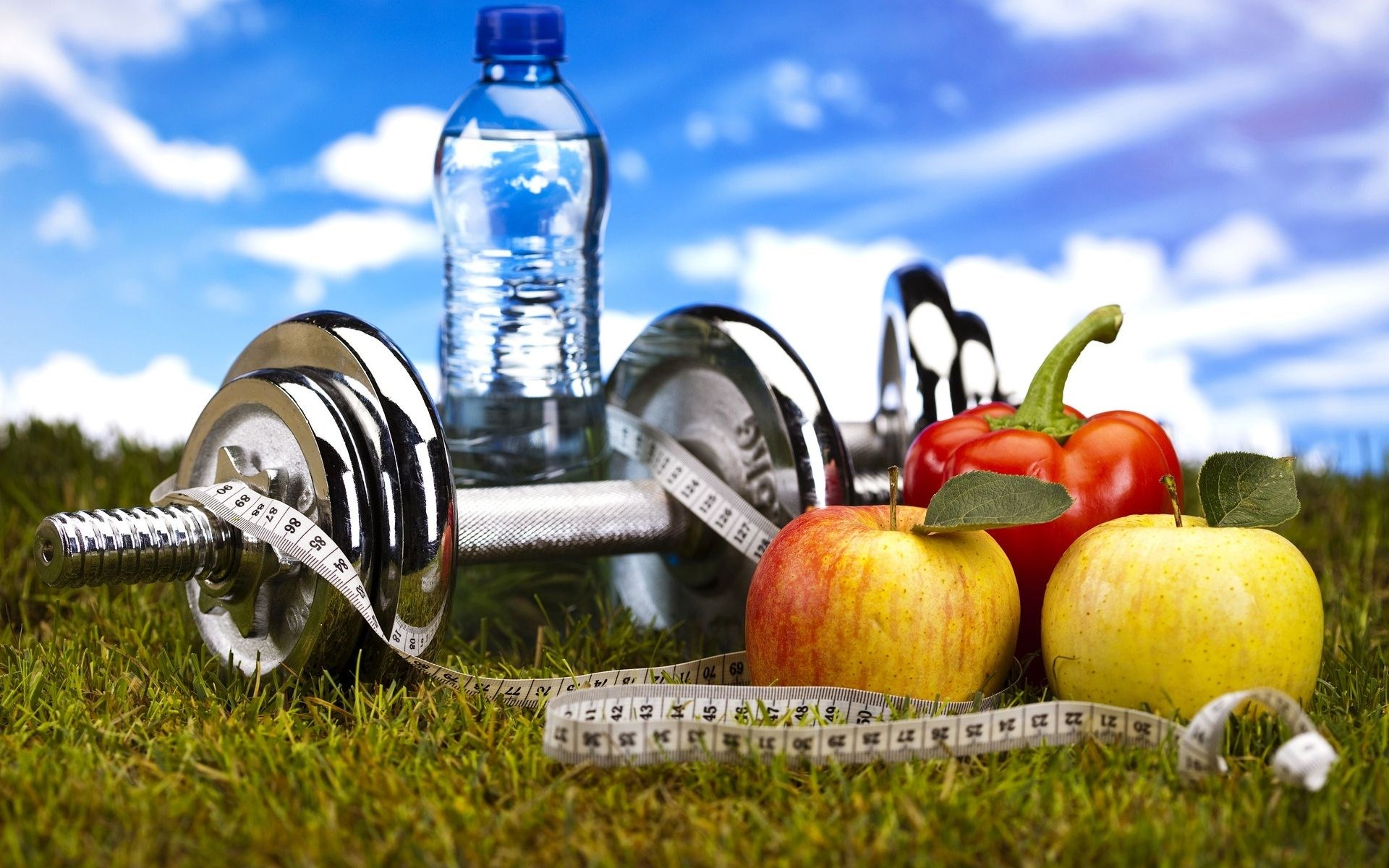 Dumbbells, apples, pepper, and water bottle on grass HD Wallpaper