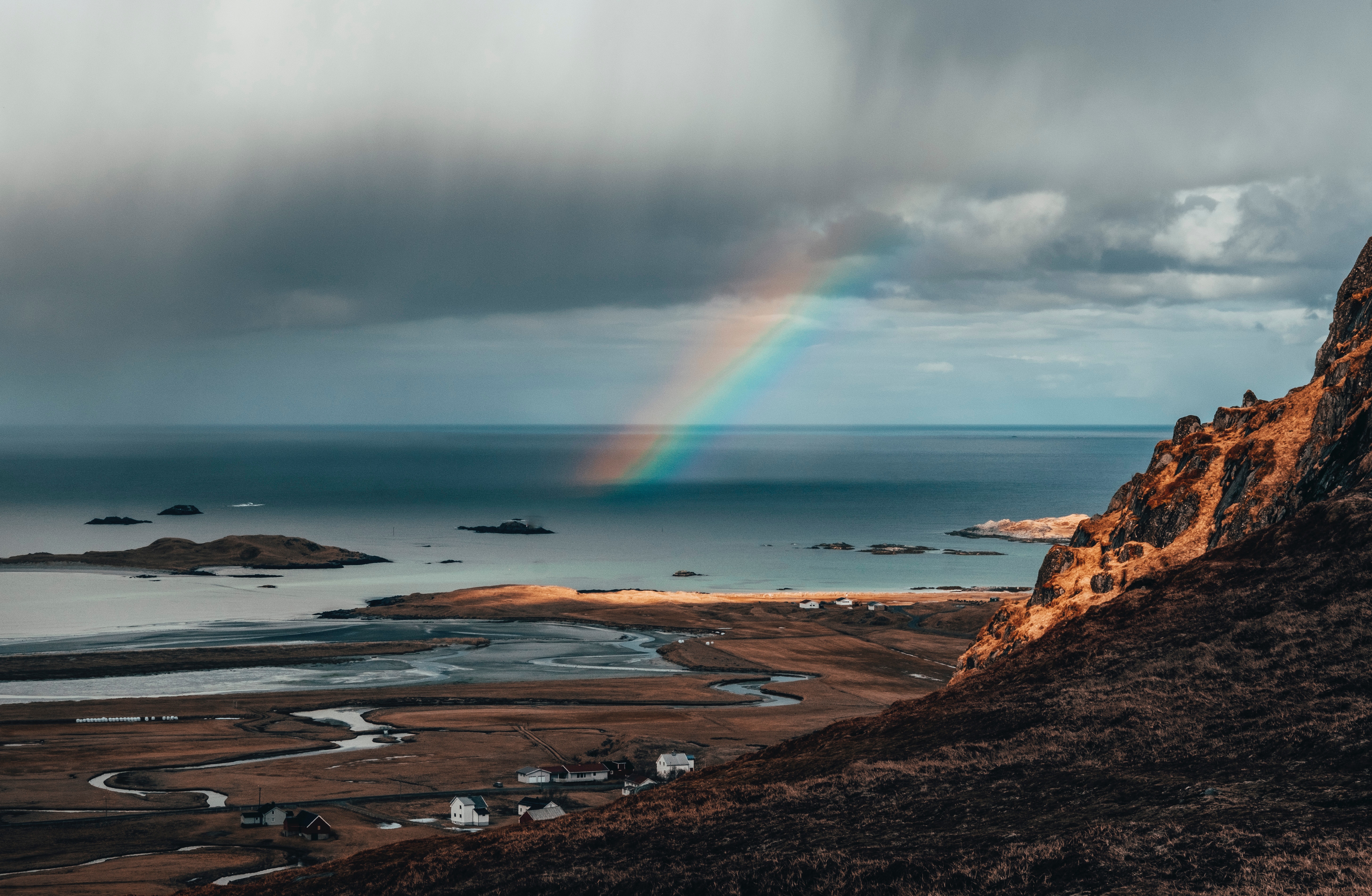 Coastal landscape with a rainbow over the sea HD Wallpaper
