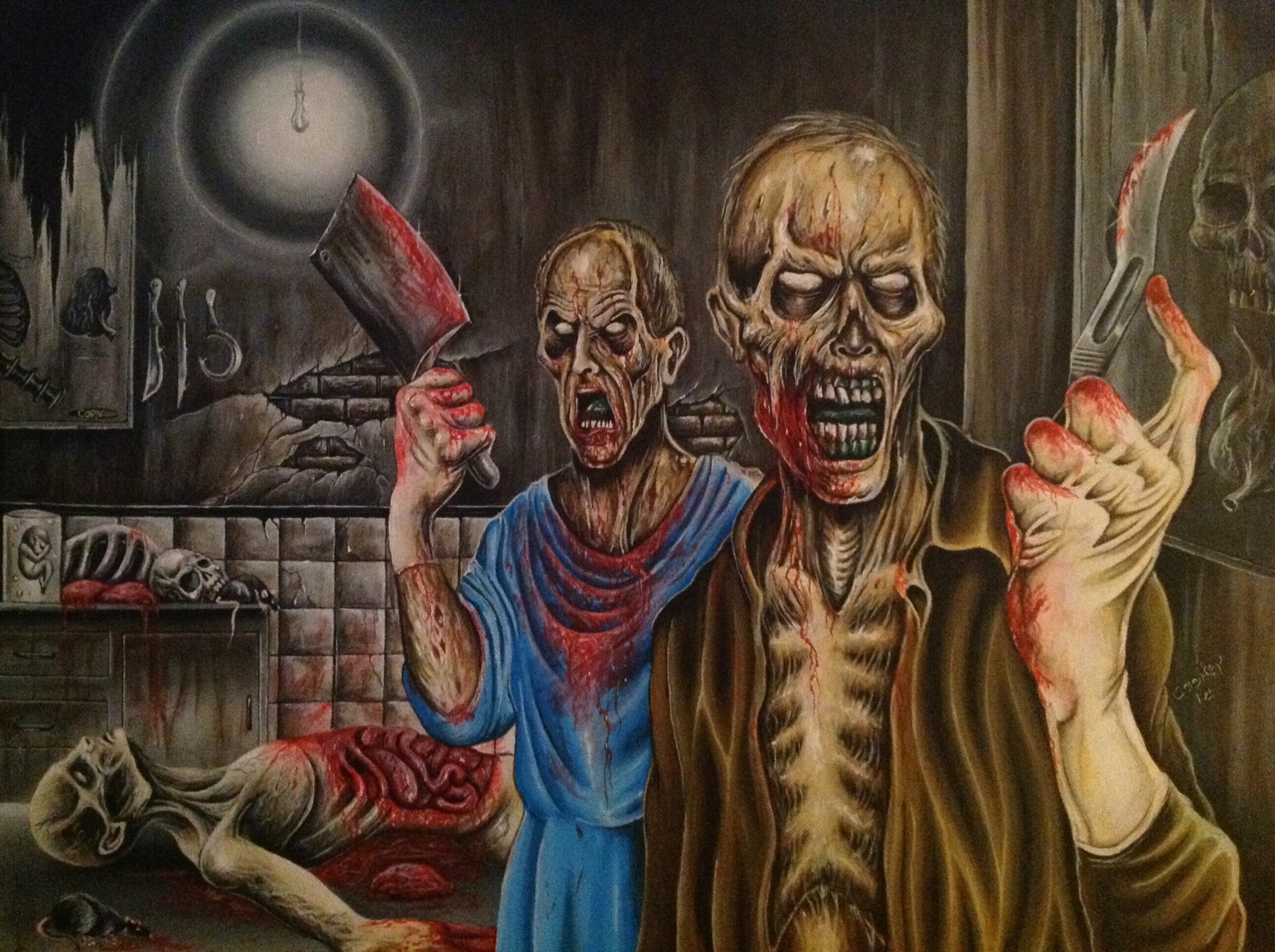 Zombies with cleaver and knife in a butcher shop HD Wallpaper