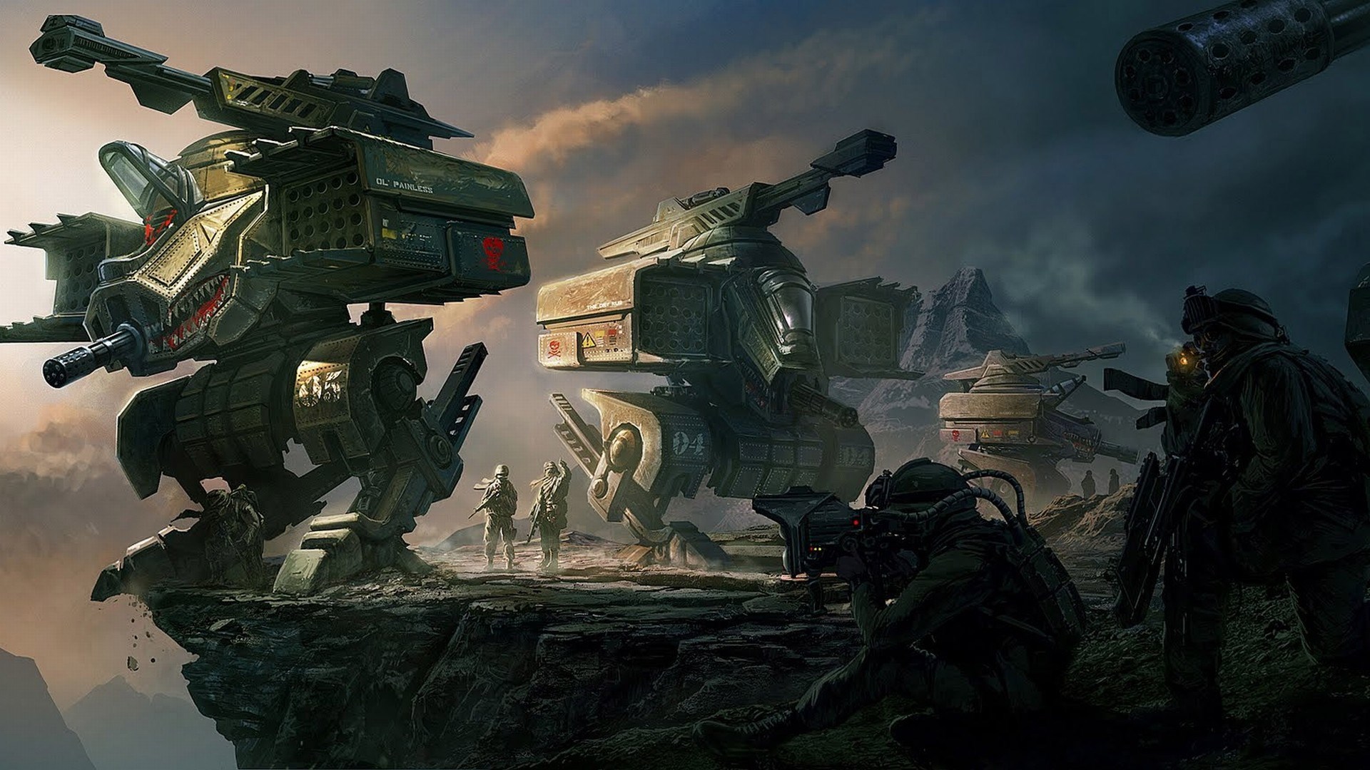 War robots and soldiers on a rocky battlefield HD Wallpaper