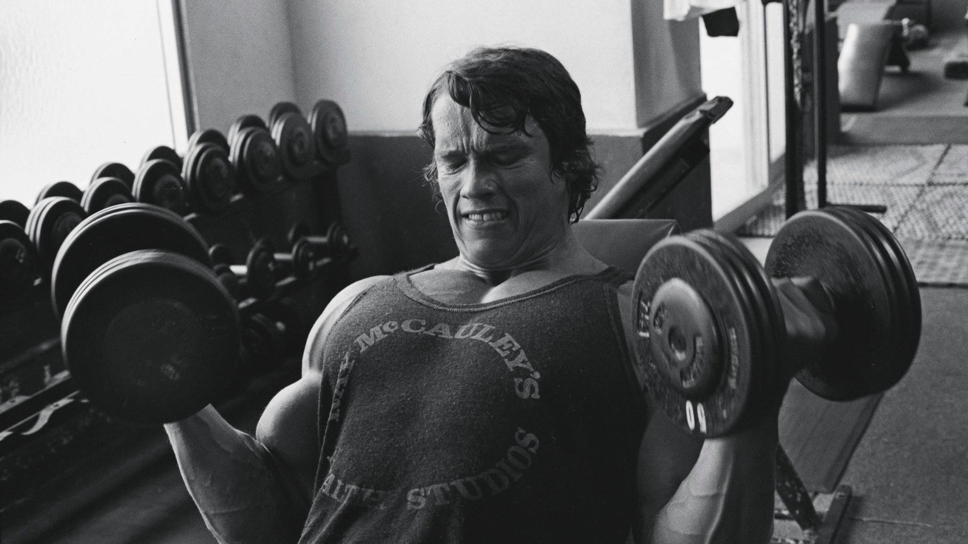 Arnold Schwarzenegger lifting dumbbells at McCauley's Studios HD Wallpaper