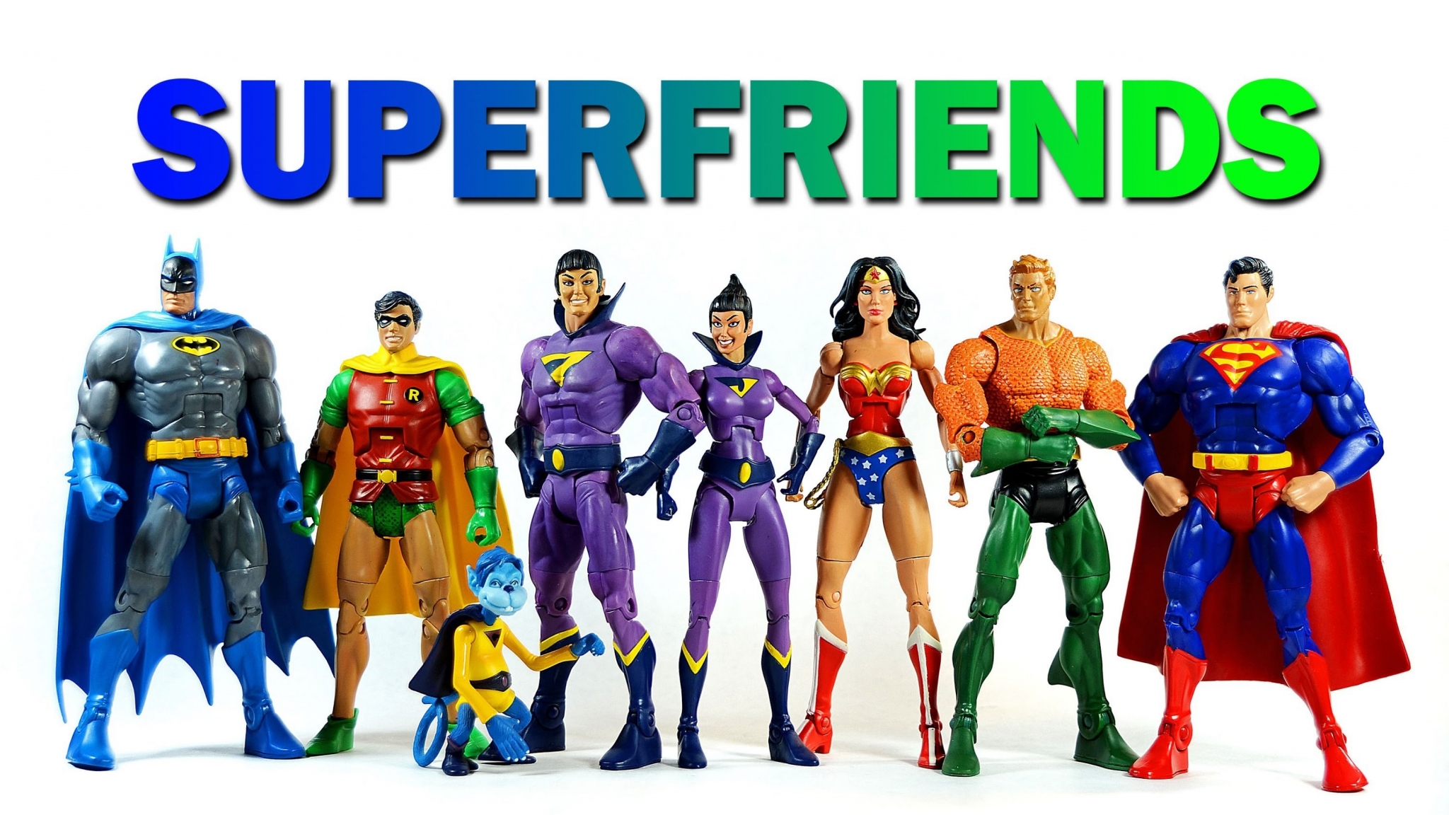Super Friends action figures including Batman, Robin, Superman, Wonder Woman, Aquaman, and others HD Wallpaper