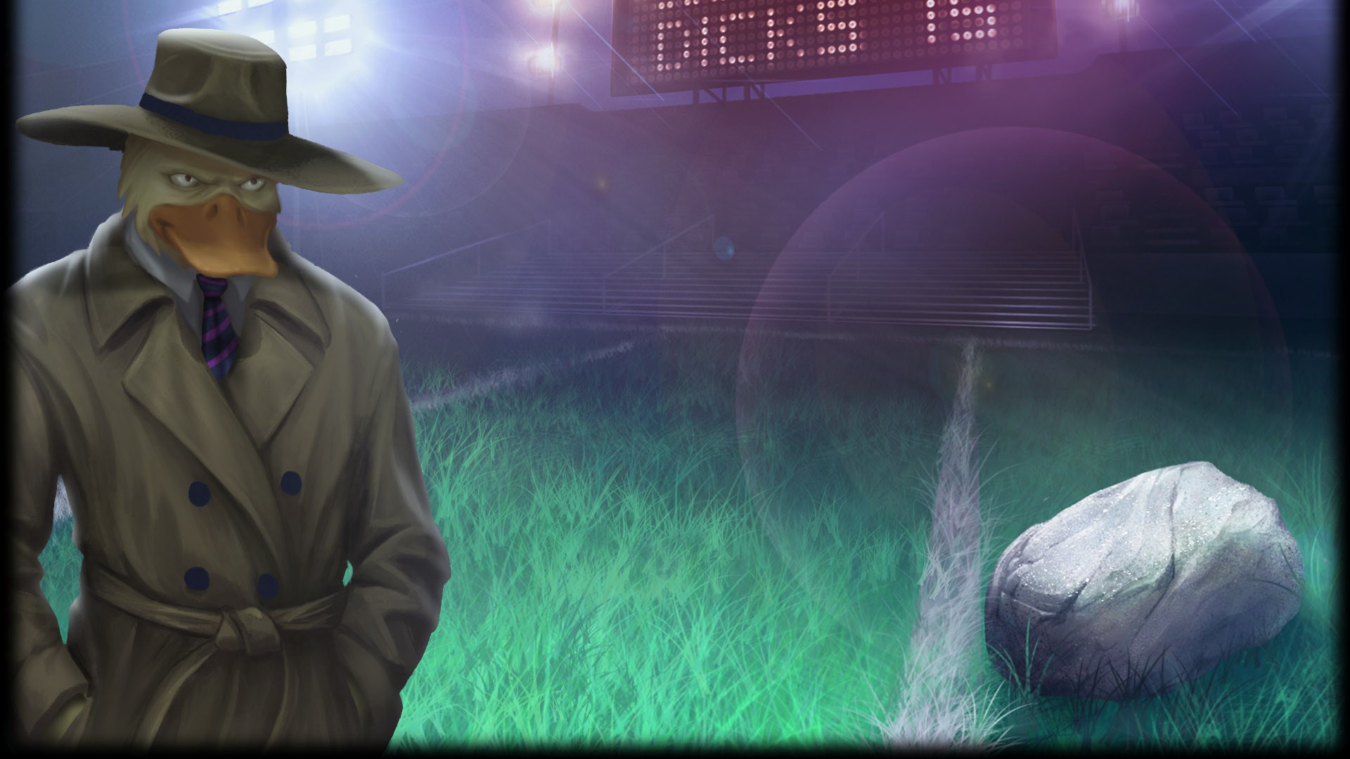 Duck Game character in trench coat on stadium field HD Wallpaper