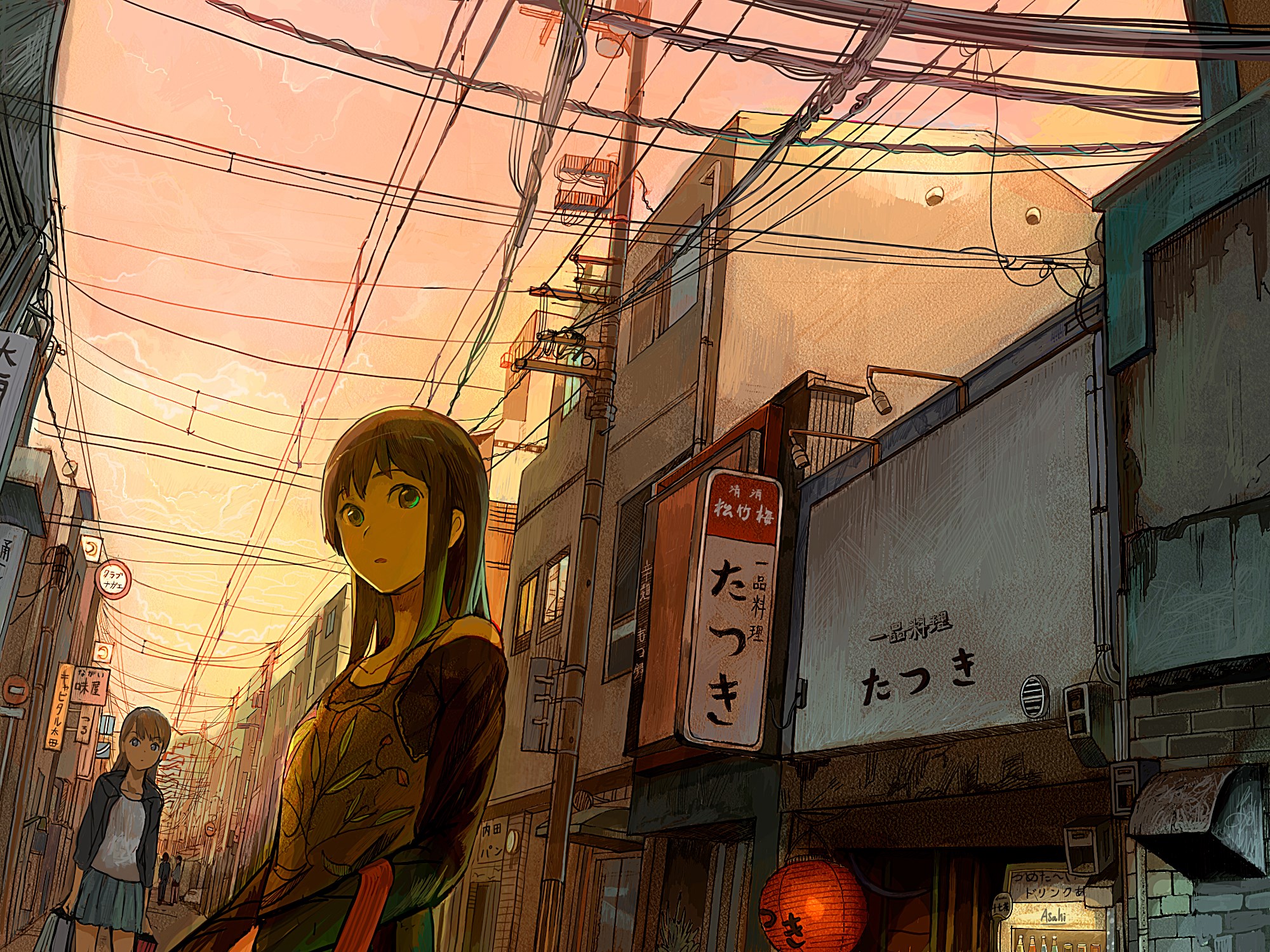 Anime girls in a Japanese alleyway at sunset HD Wallpaper
