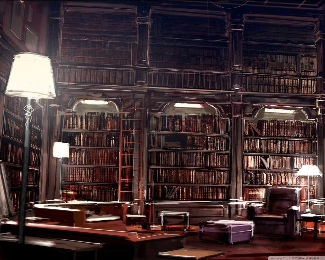 Interior of a grand library with bookshelves and furniture HD Wallpaper