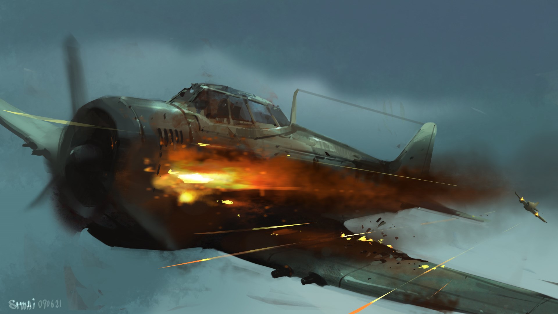 Damaged aircraft in aerial combat HD Wallpaper