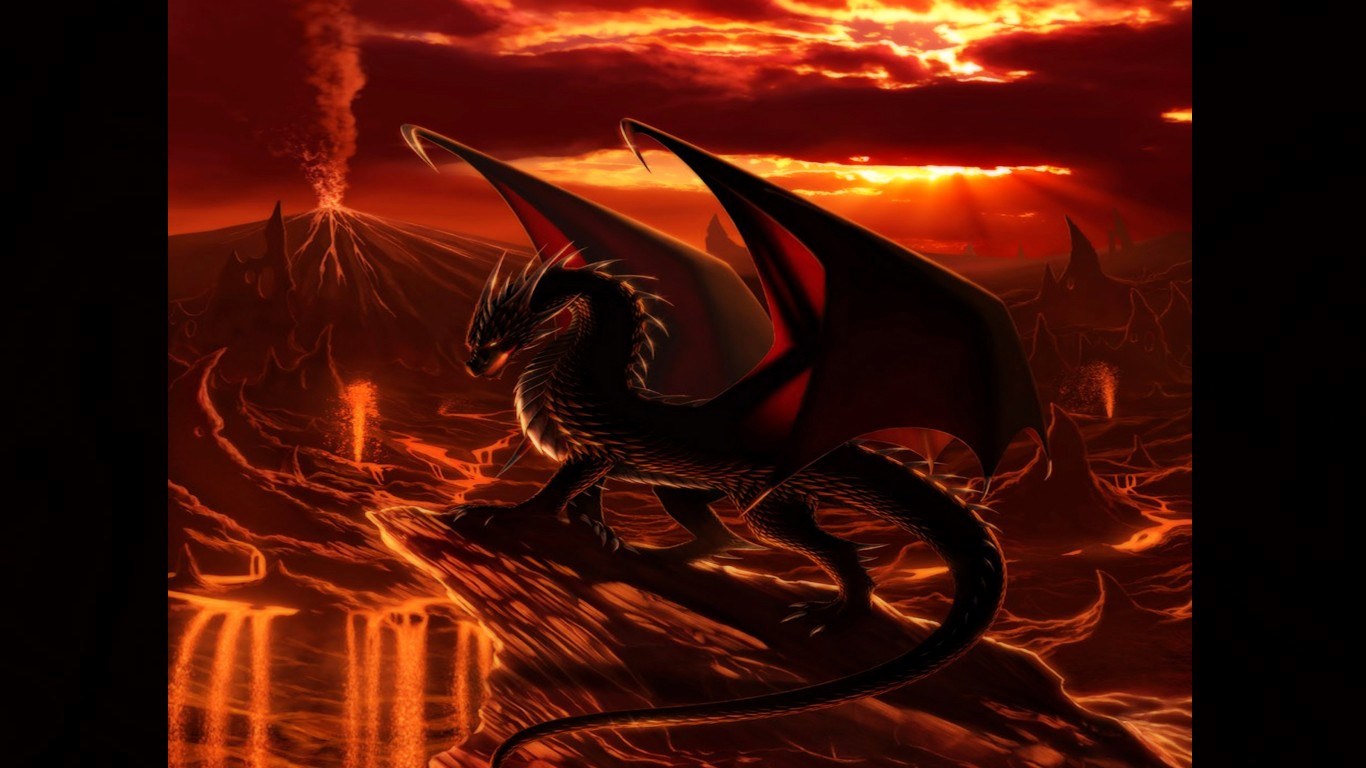 Black dragon in a volcanic landscape HD Wallpaper