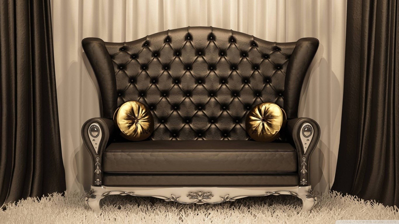 Luxury tufted leather sofa with gold pillows HD Wallpaper