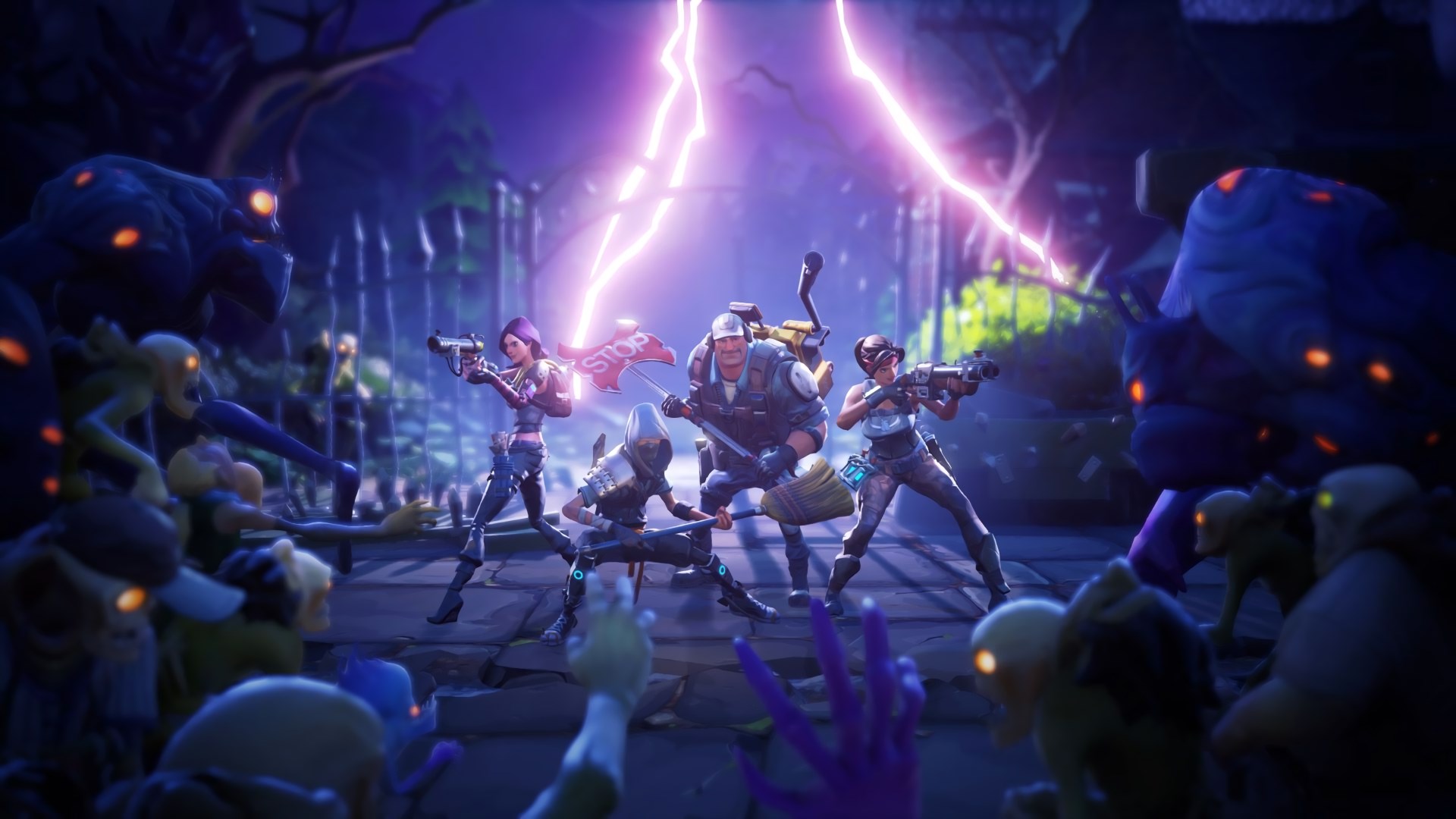 Fortnite characters fighting zombies during a lightning storm HD Wallpaper