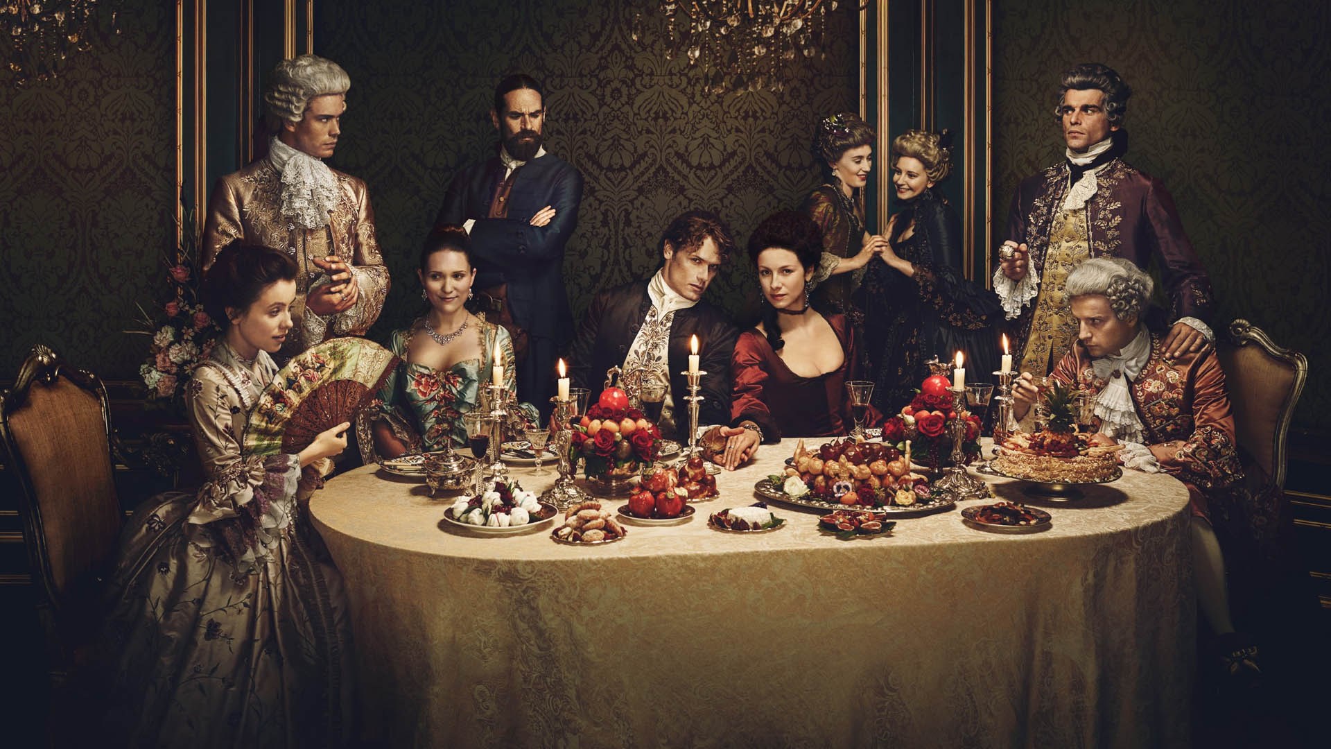 Outlander characters at a banquet table HD Wallpaper