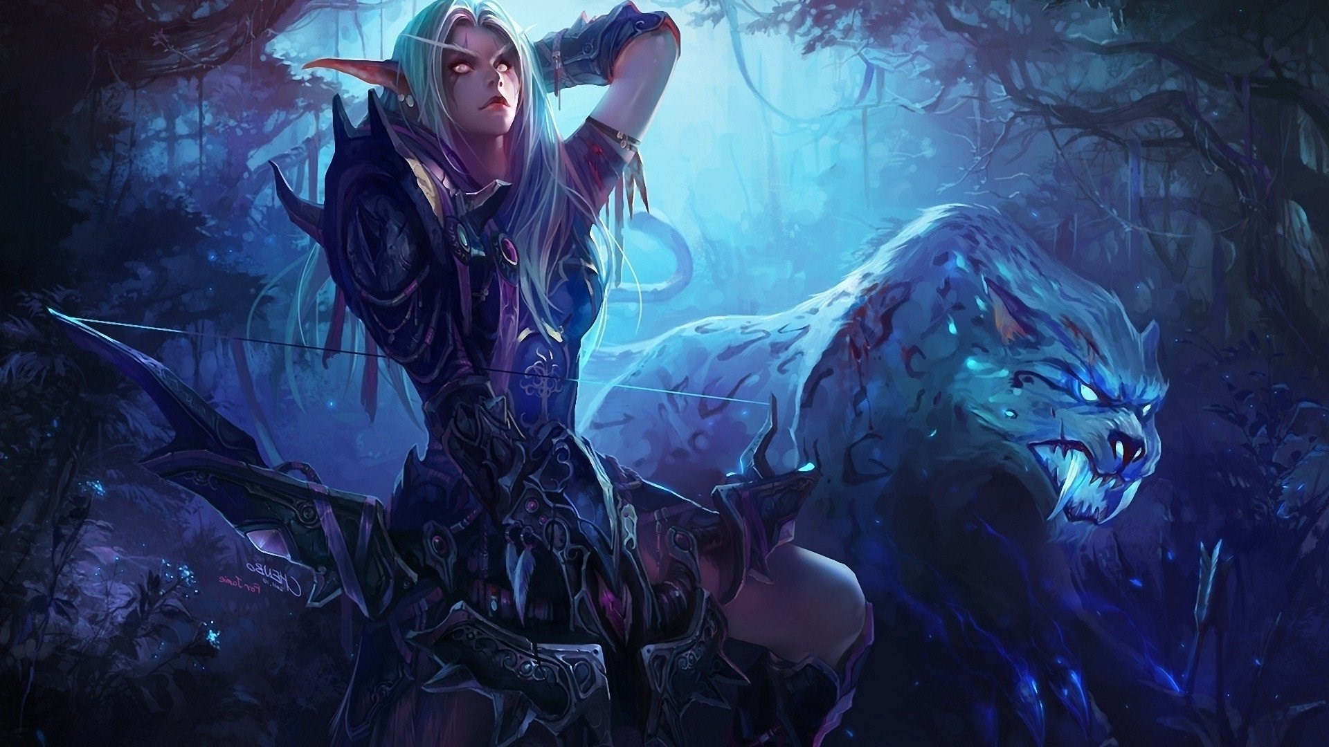 Night Elf Hunter with Panther from World of Warcraft HD Wallpaper