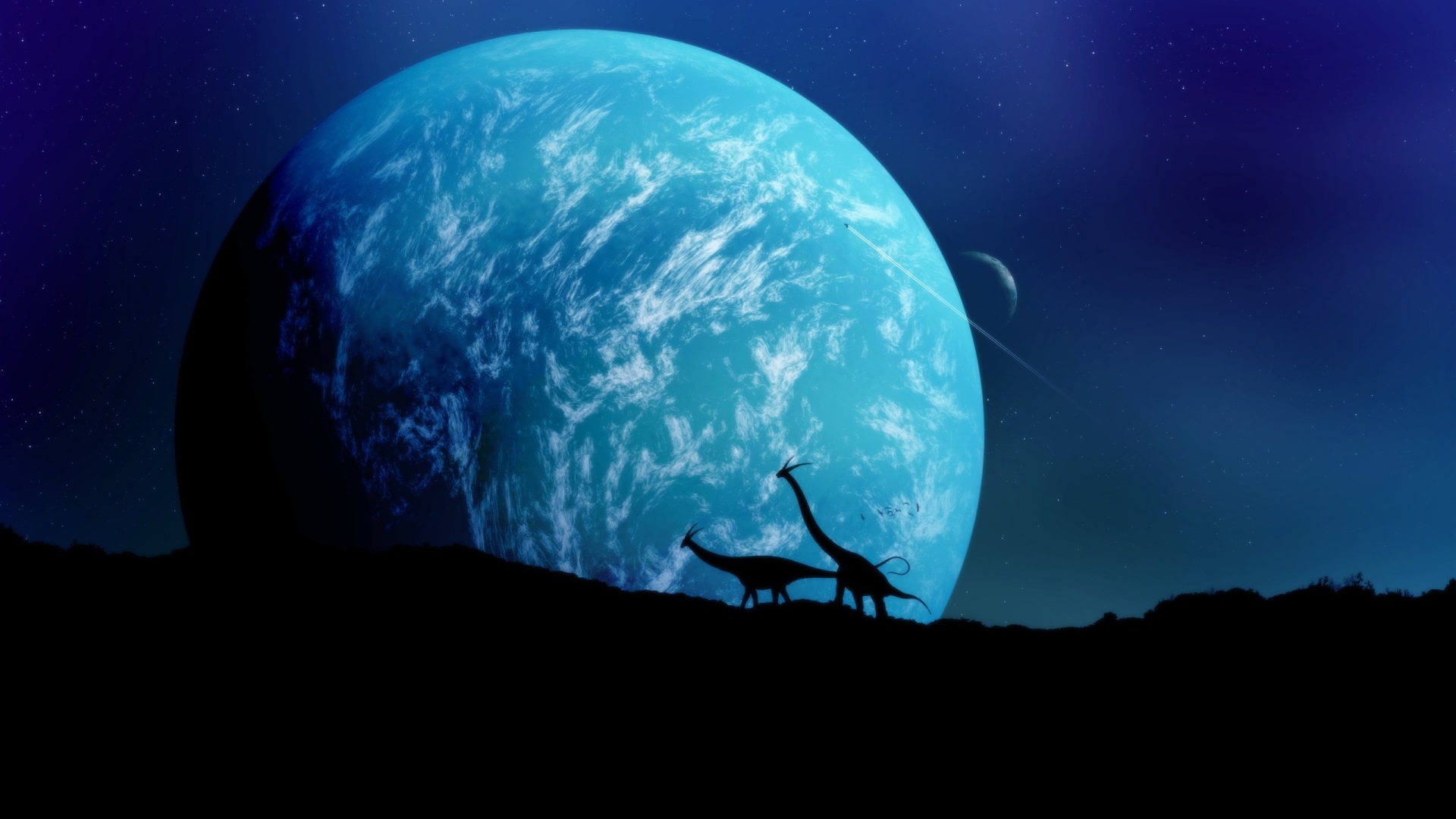 Dinosaurs on alien planet with large blue planet in sky HD Wallpaper