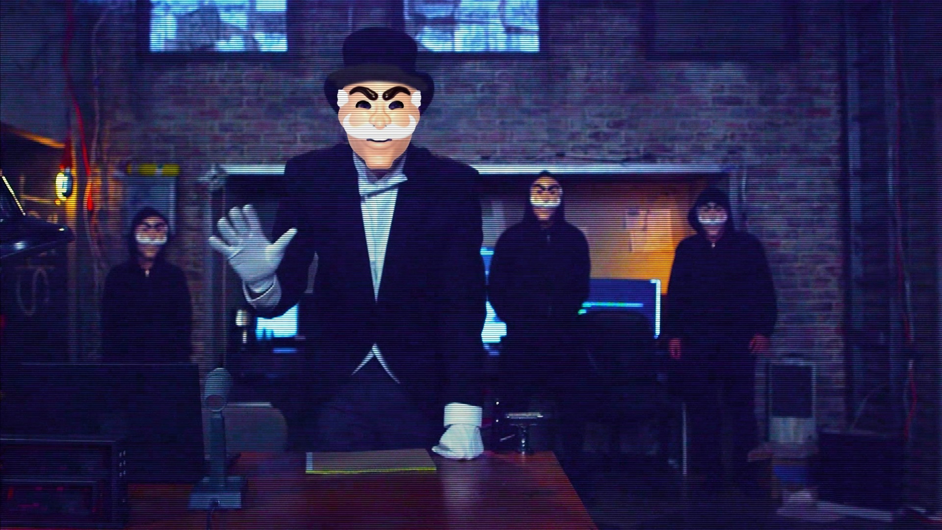 Mr. Robot characters in masks in a room HD Wallpaper