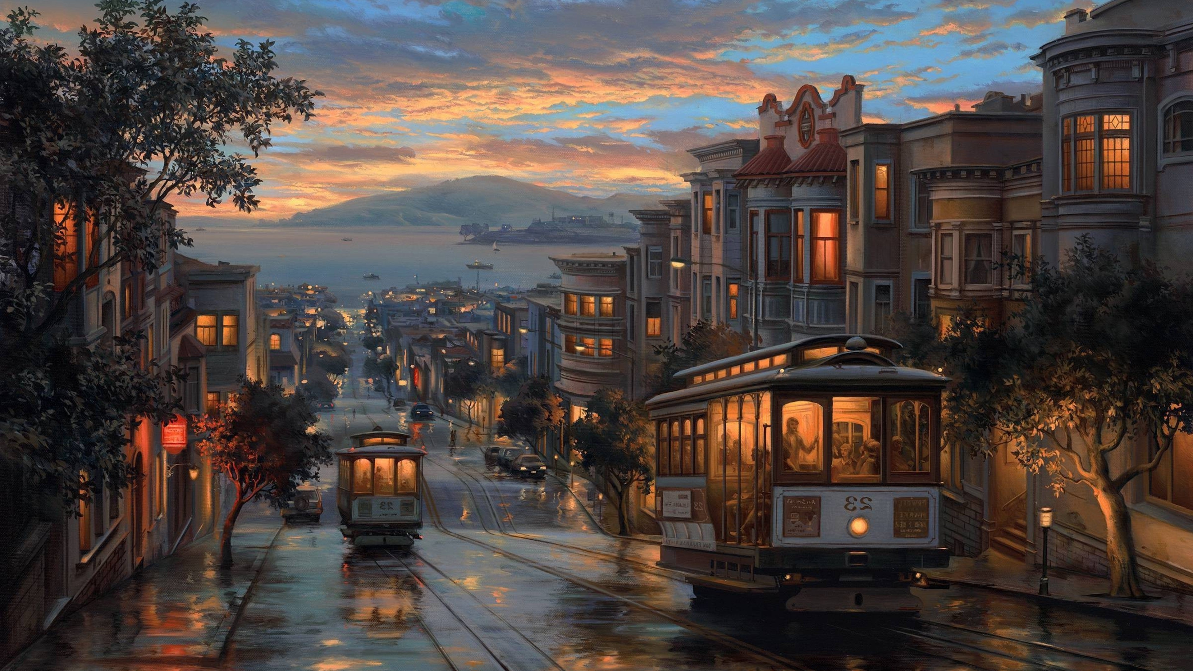 4K Sunset Over City Street with Vintage Trams HD Wallpaper