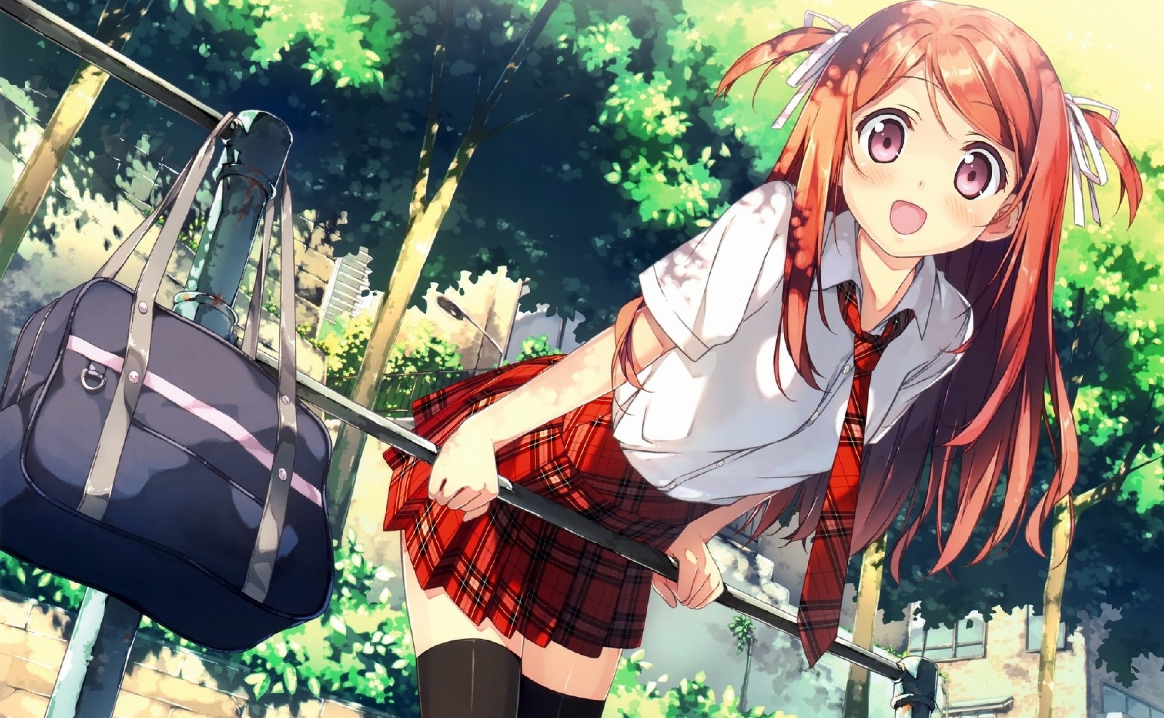 Anime girl in school uniform with bag HD Wallpaper
