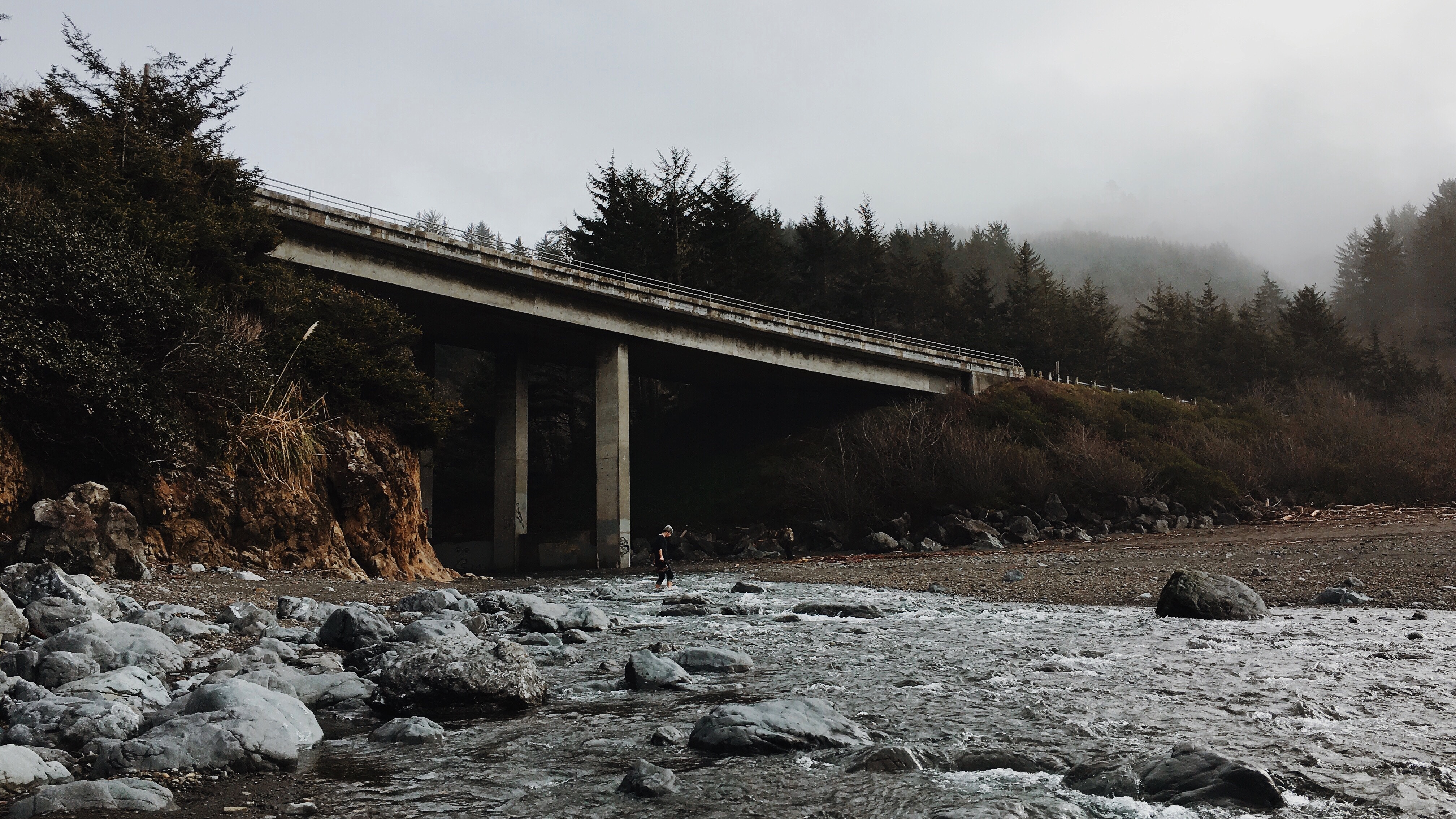Bridge over a rocky riverbed with trees and fog HD Wallpaper