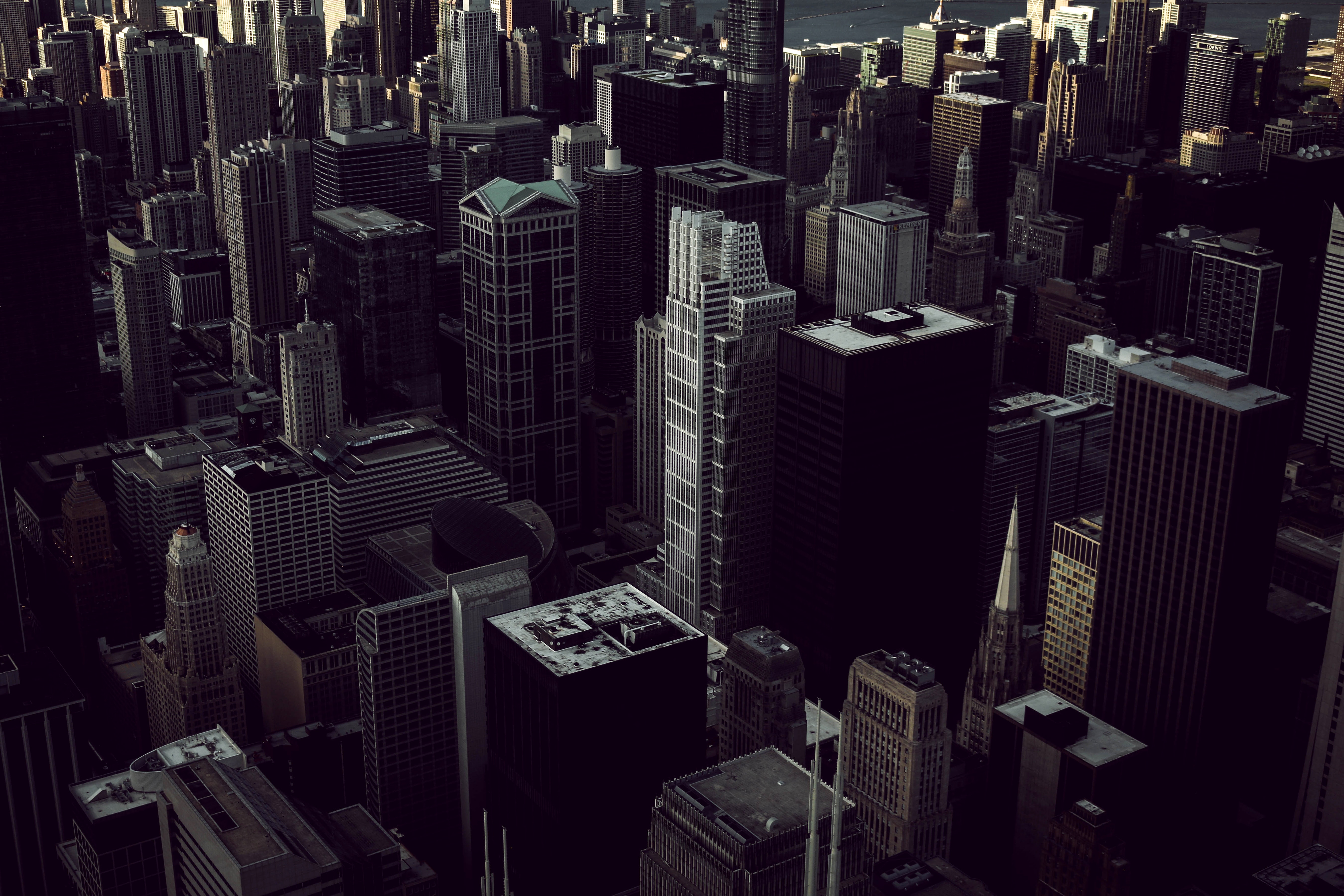 Aerial view of Chicago skyscrapers at dusk HD Wallpaper