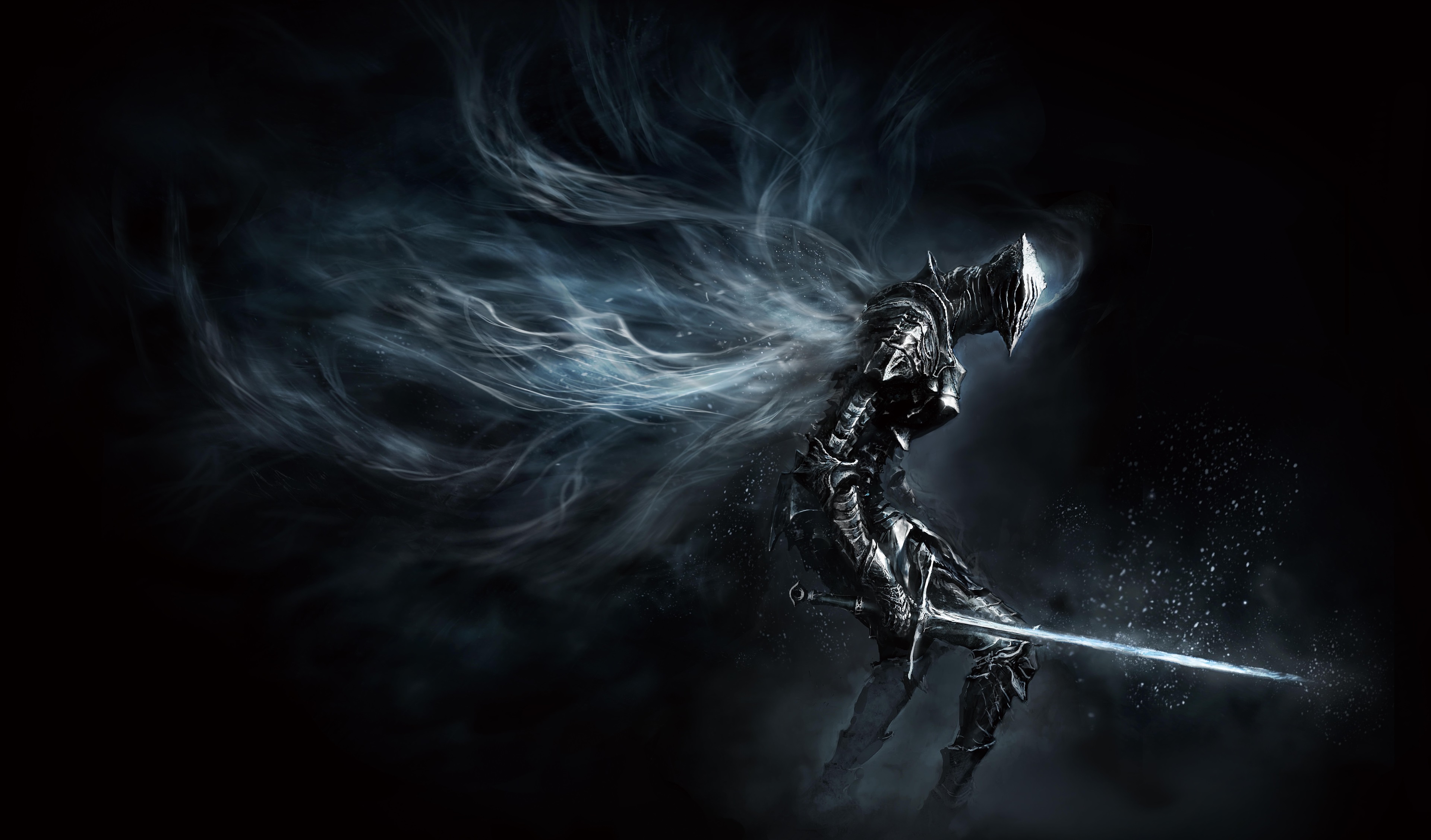 Knight with glowing sword and smoke in Dark Souls 3 HD Wallpaper