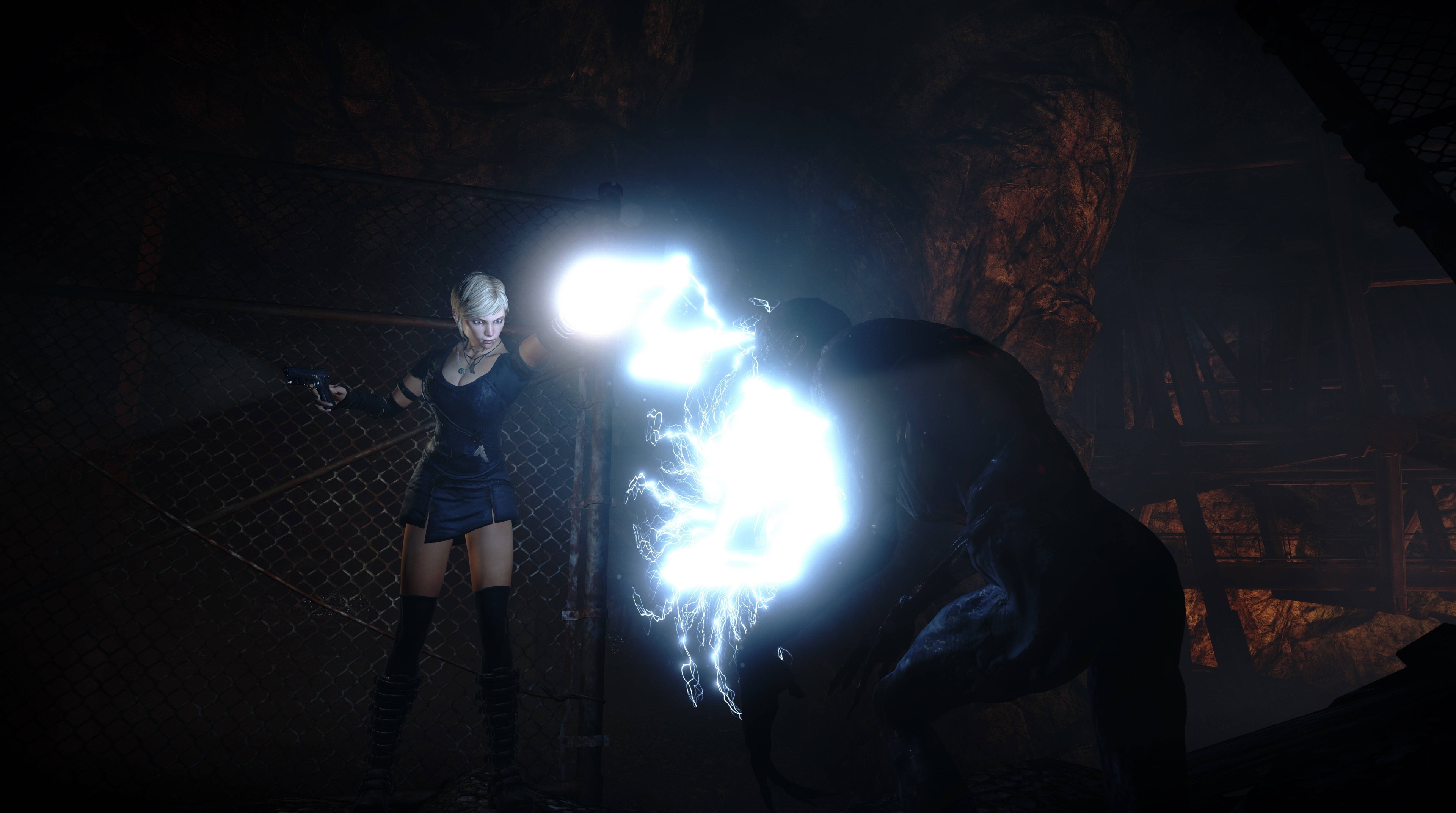 Woman fighting a monster with electricity in the dark HD Wallpaper
