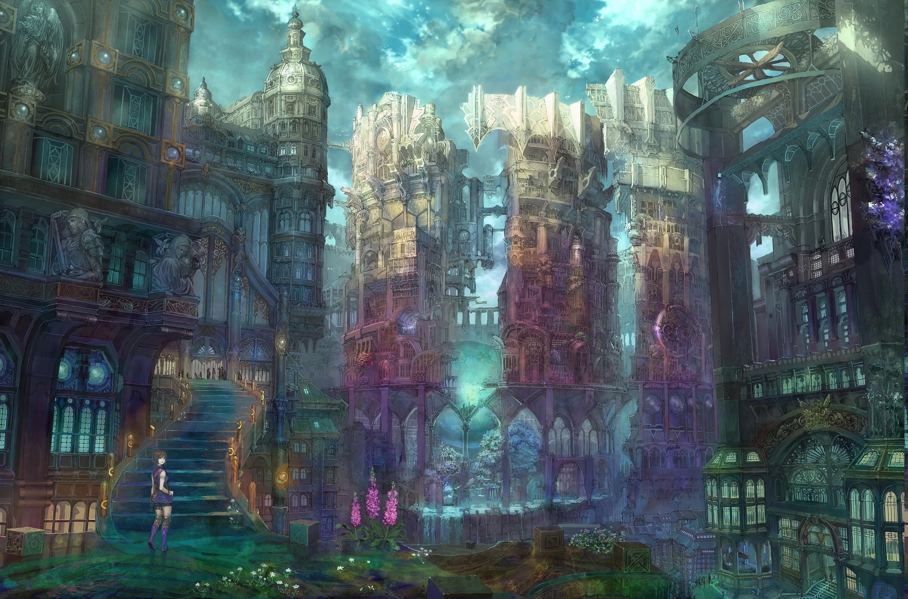 Anime cityscape with intricate architecture and a girl on stairs HD Wallpaper