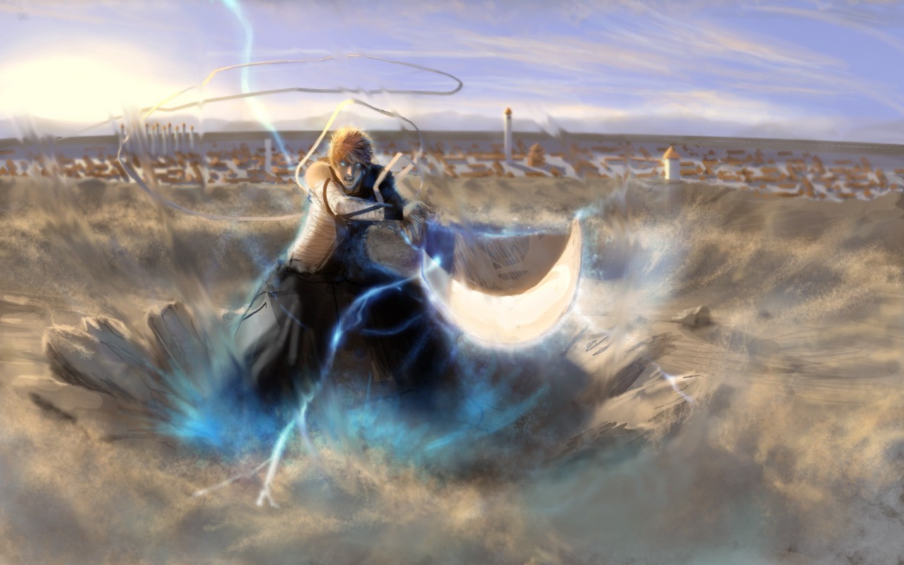 Ichigo Kurosaki from Bleach using lightning and sword in sand HD Wallpaper