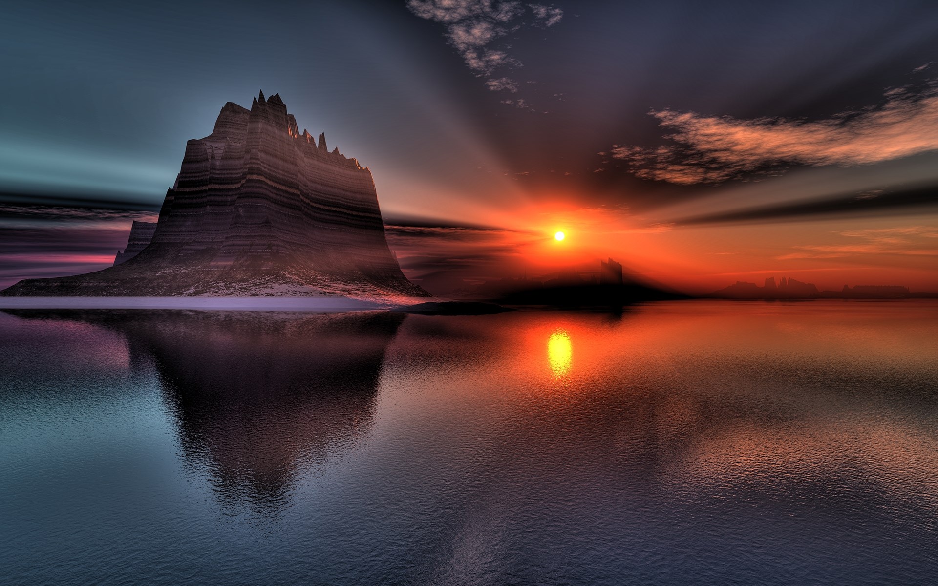 Digital landscape with mountain and sunset reflection HD Wallpaper