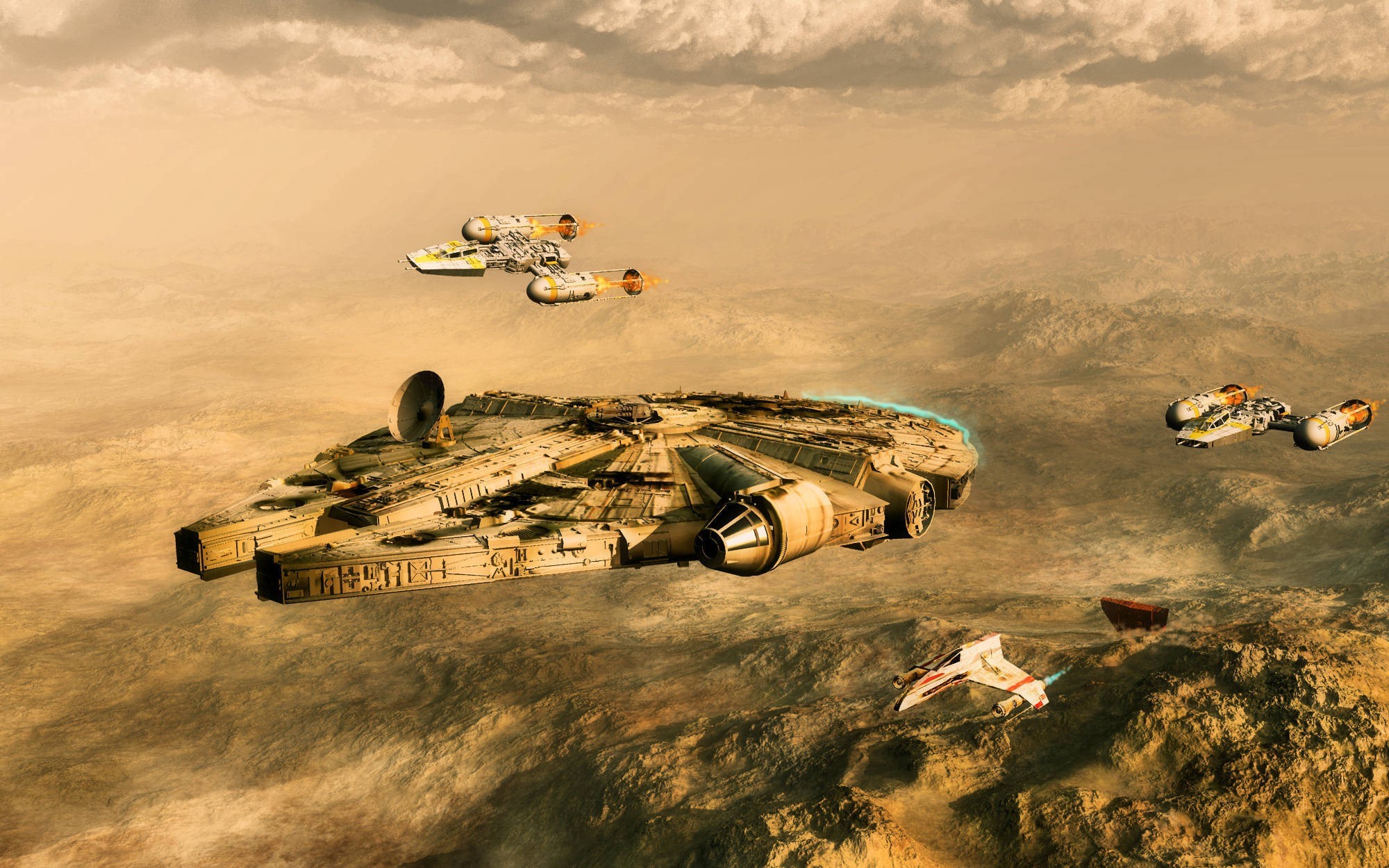 Star Wars Millennium Falcon and Y-wings over desert planet HD Wallpaper