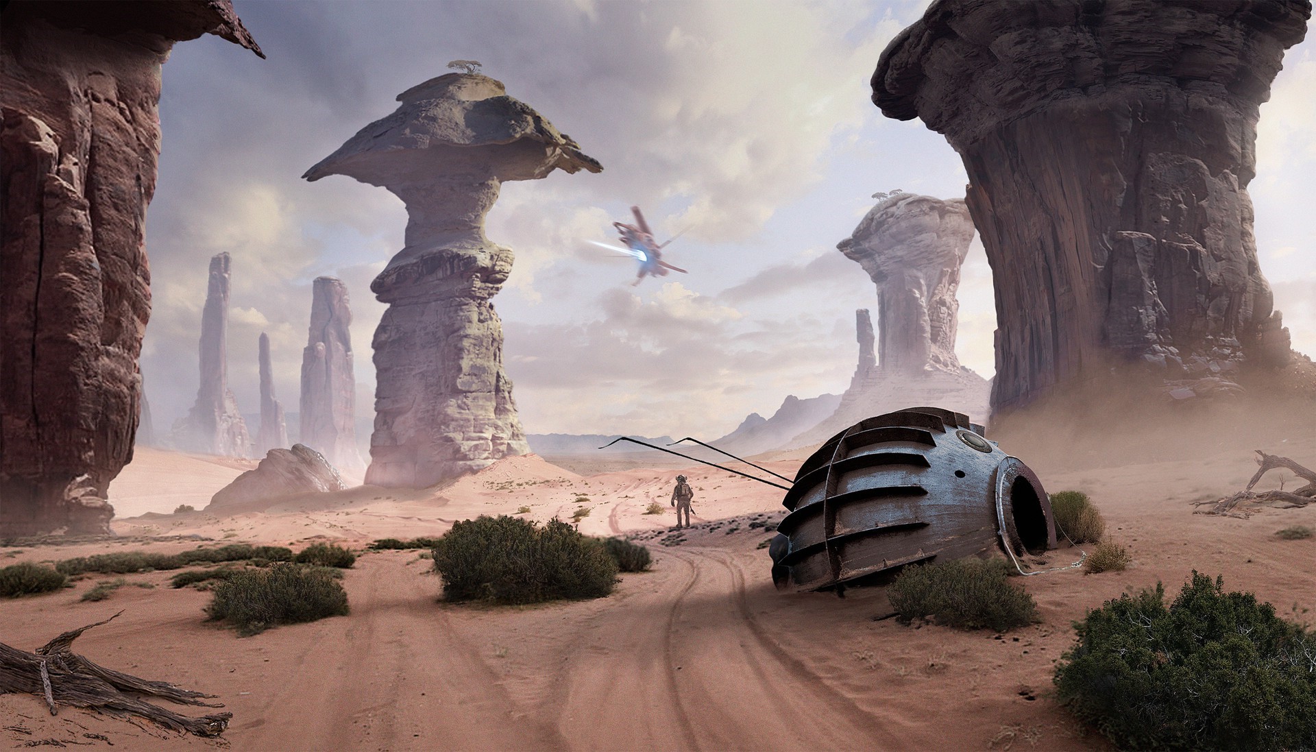 Spaceship flying over desert landscape with rock formations HD Wallpaper