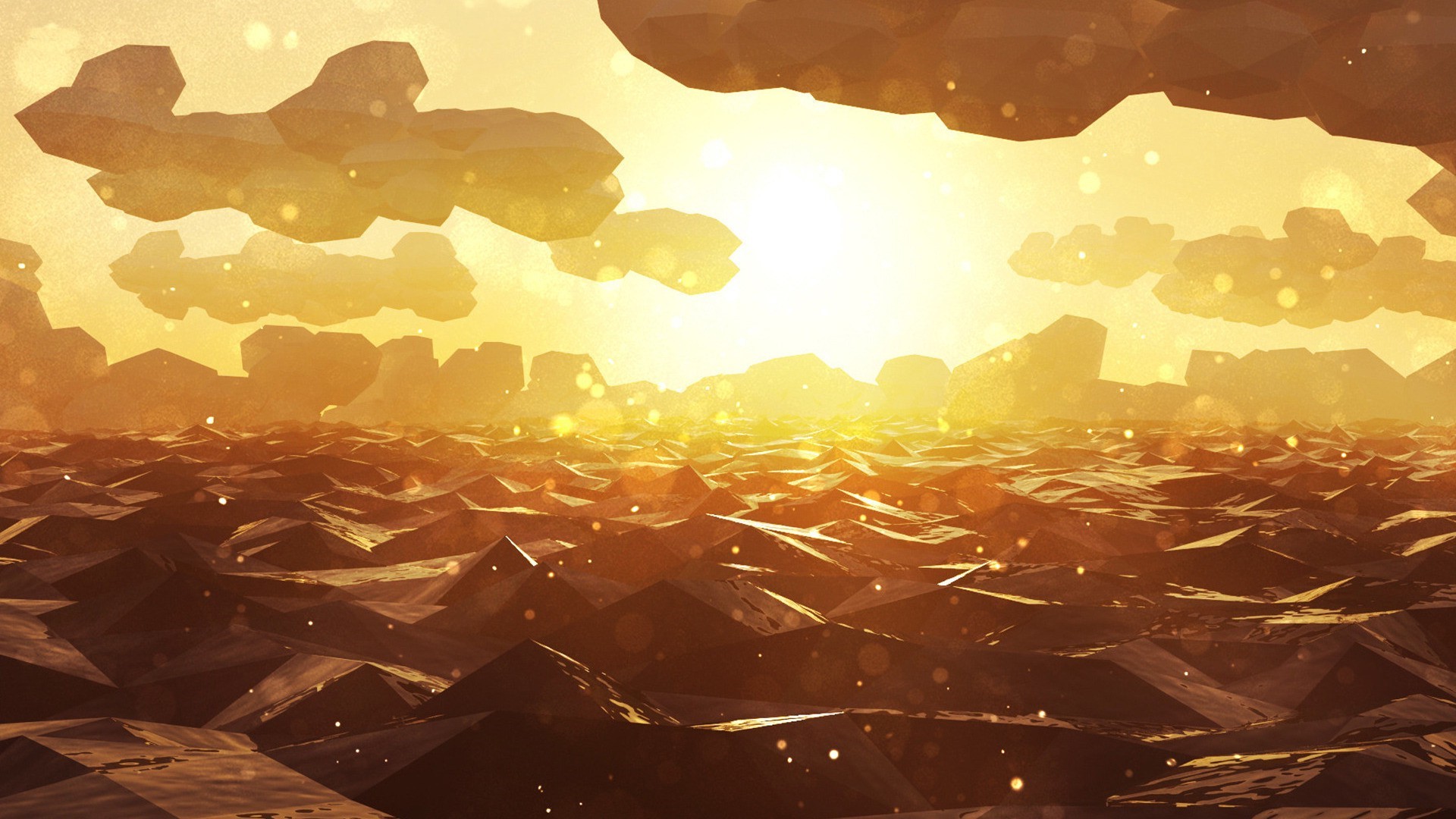 Orange low-poly landscape with floating islands at sunset HD Wallpaper