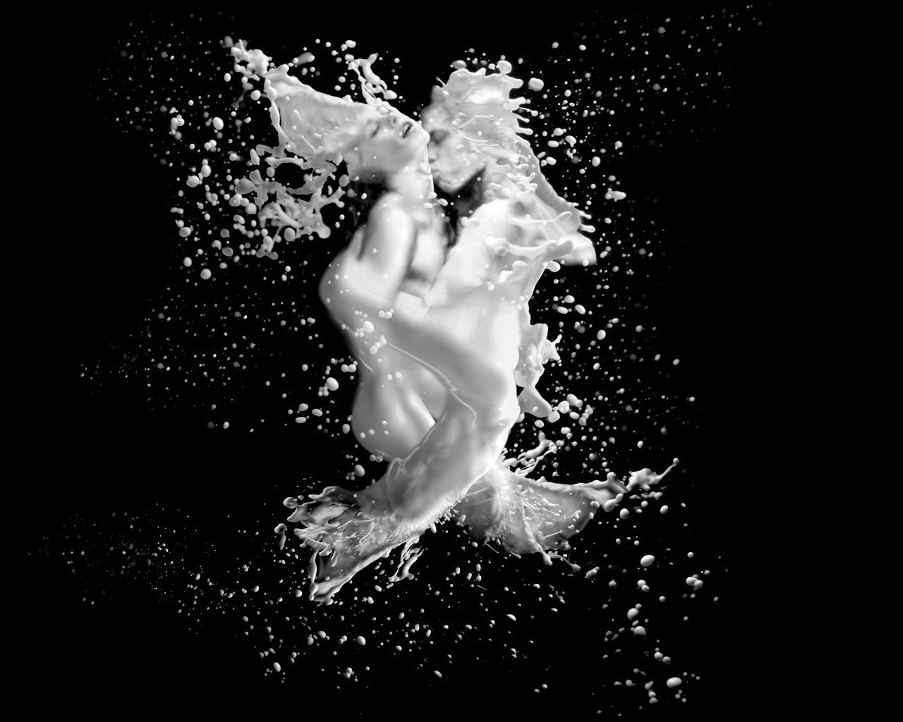 Black and white image of liquid splashing around two figures HD Wallpaper