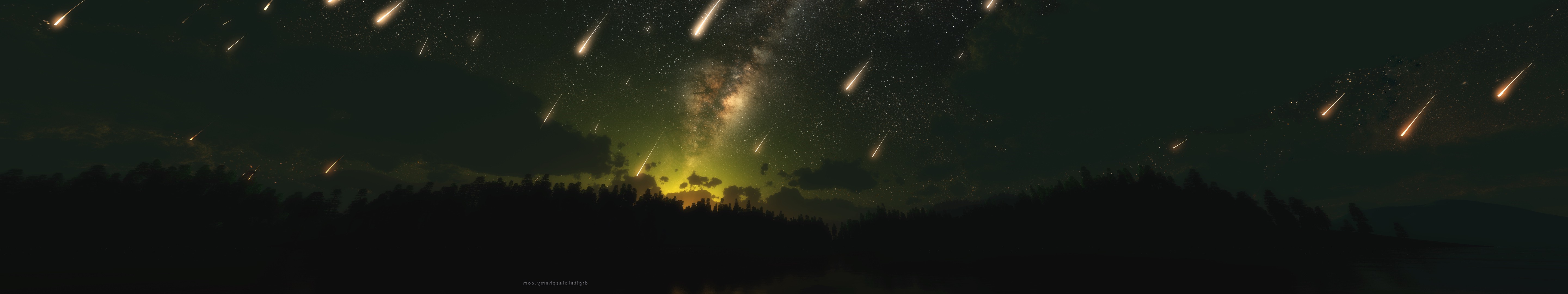 Meteors shower over a dark forest and lake HD Wallpaper
