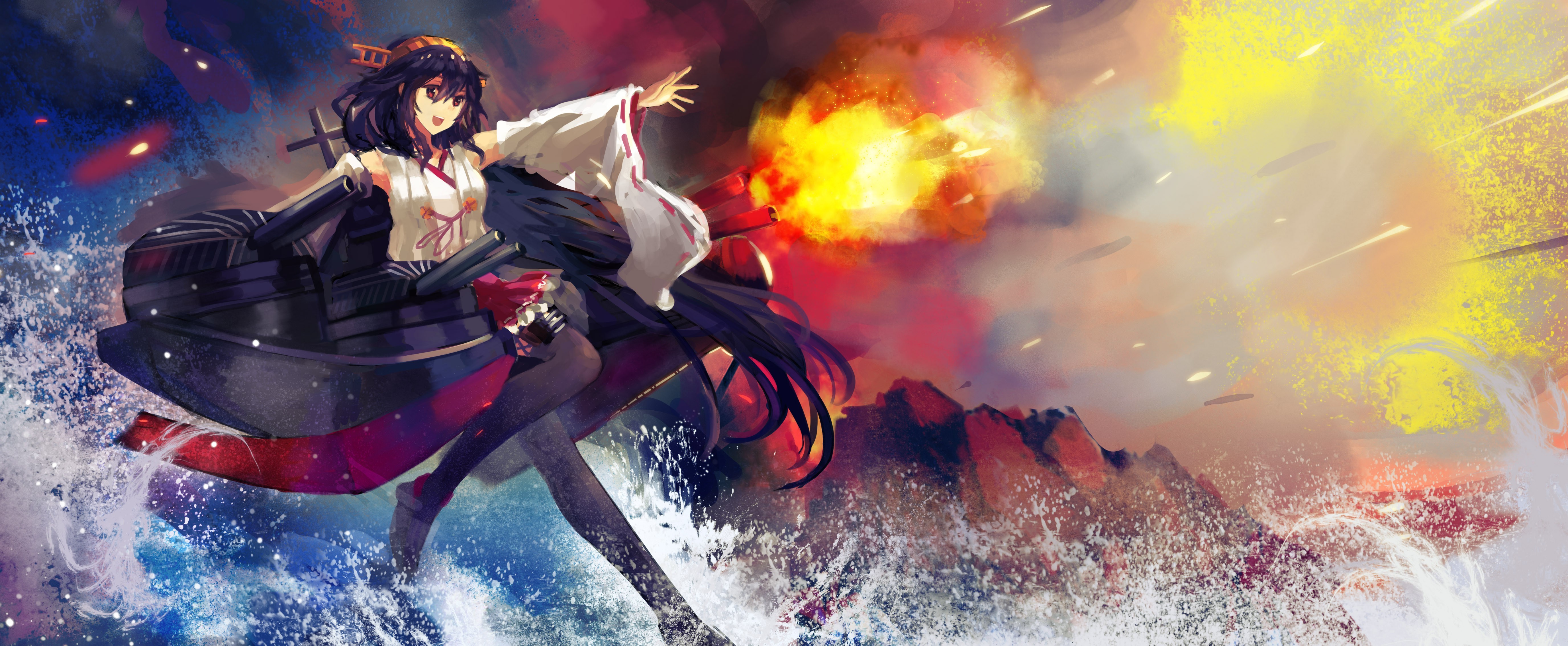 Haruna from Kantai Collection firing a cannon HD Wallpaper