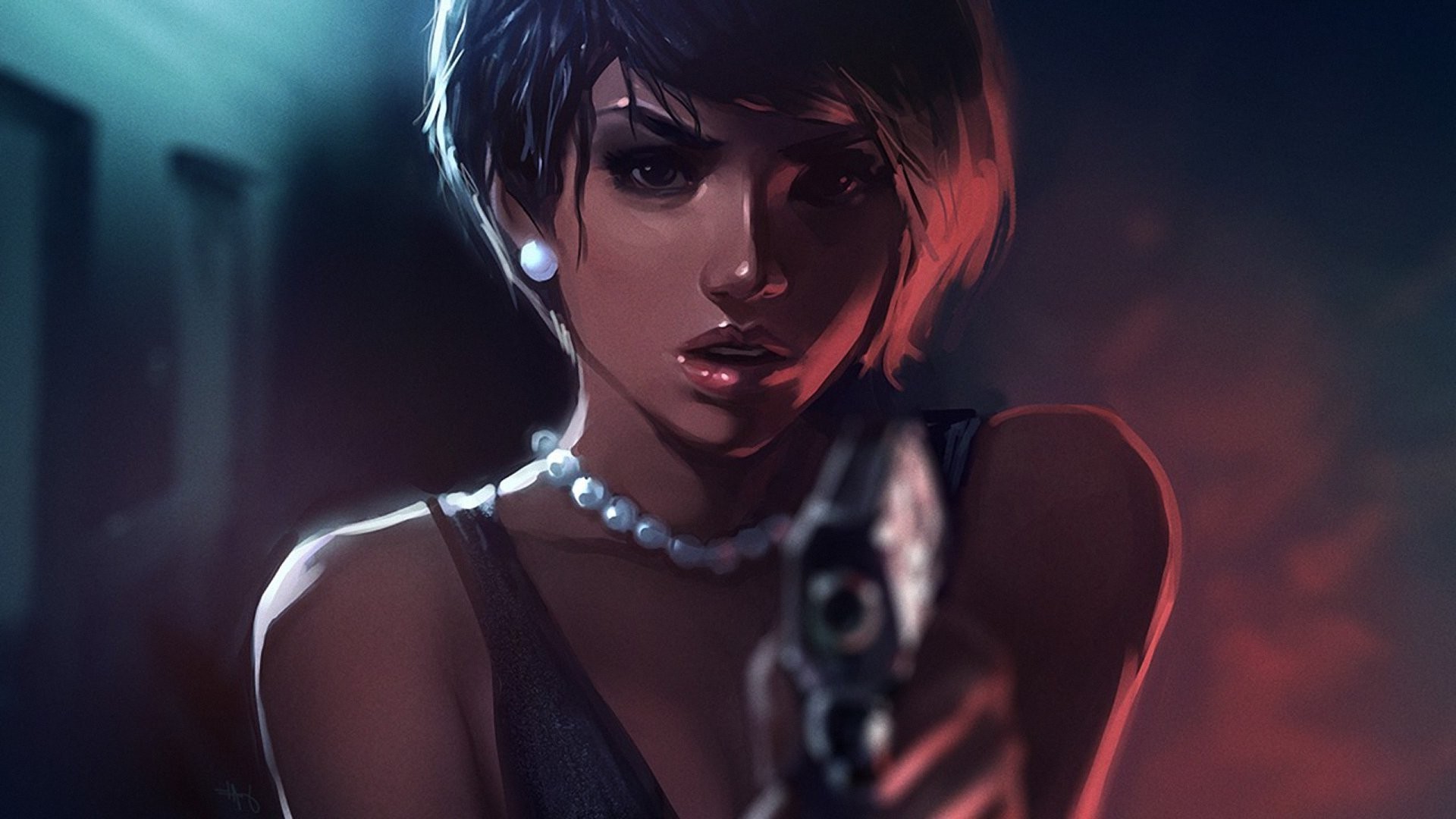 Woman with short hair holding a gun HD Wallpaper