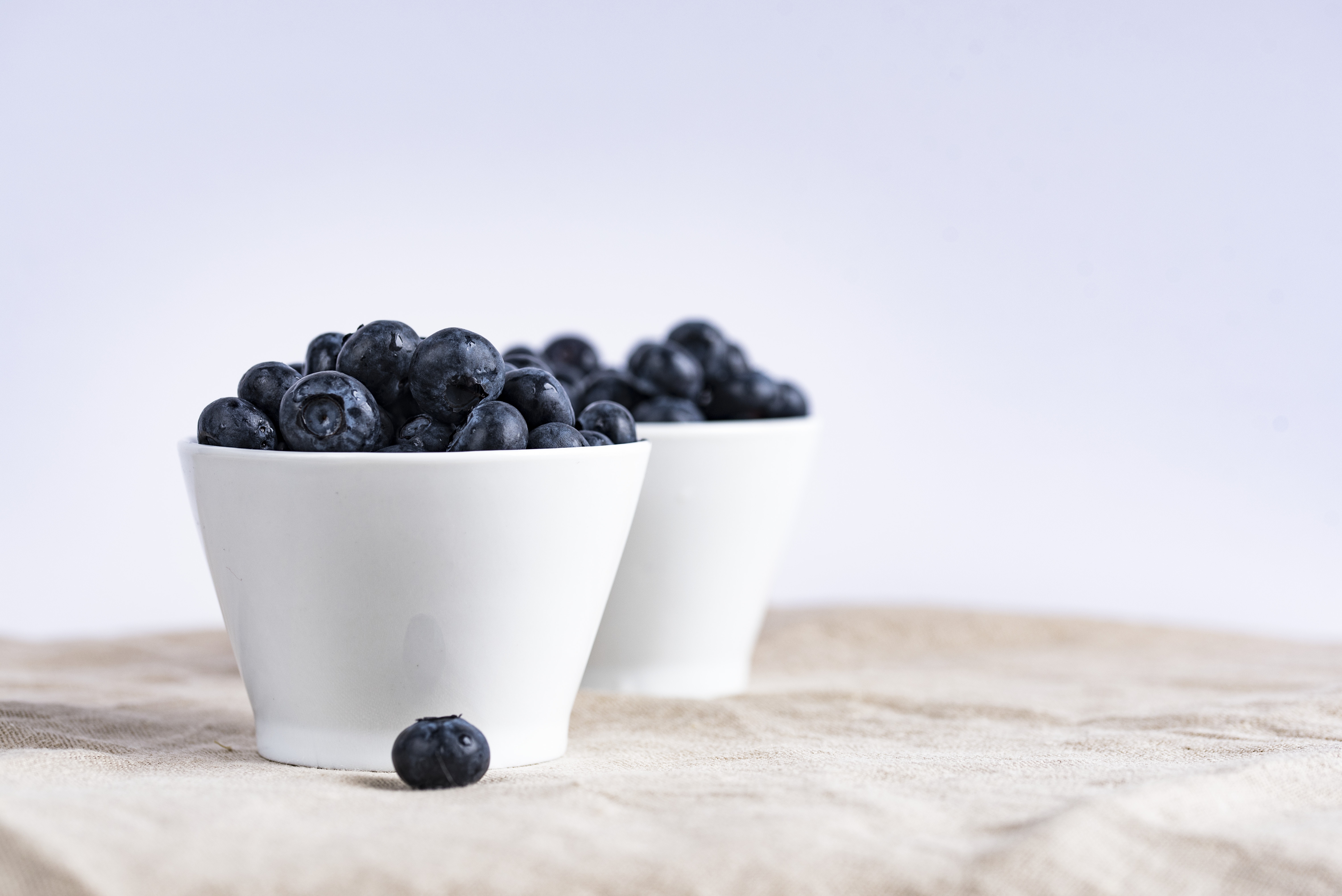 Two white bowls filled with blueberries on a cloth HD Wallpaper