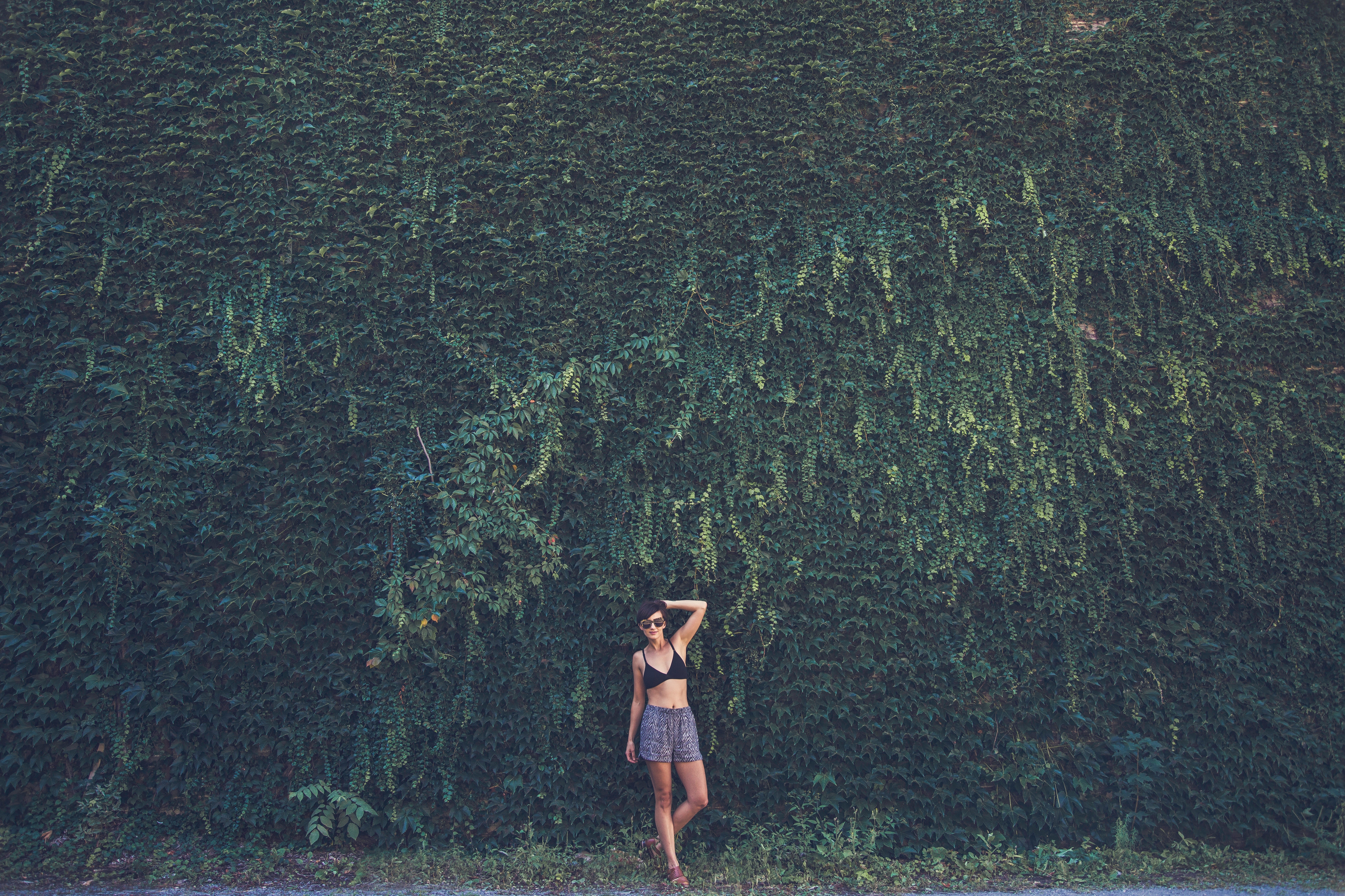 Woman in shorts and bikini top against a vine wall HD Wallpaper