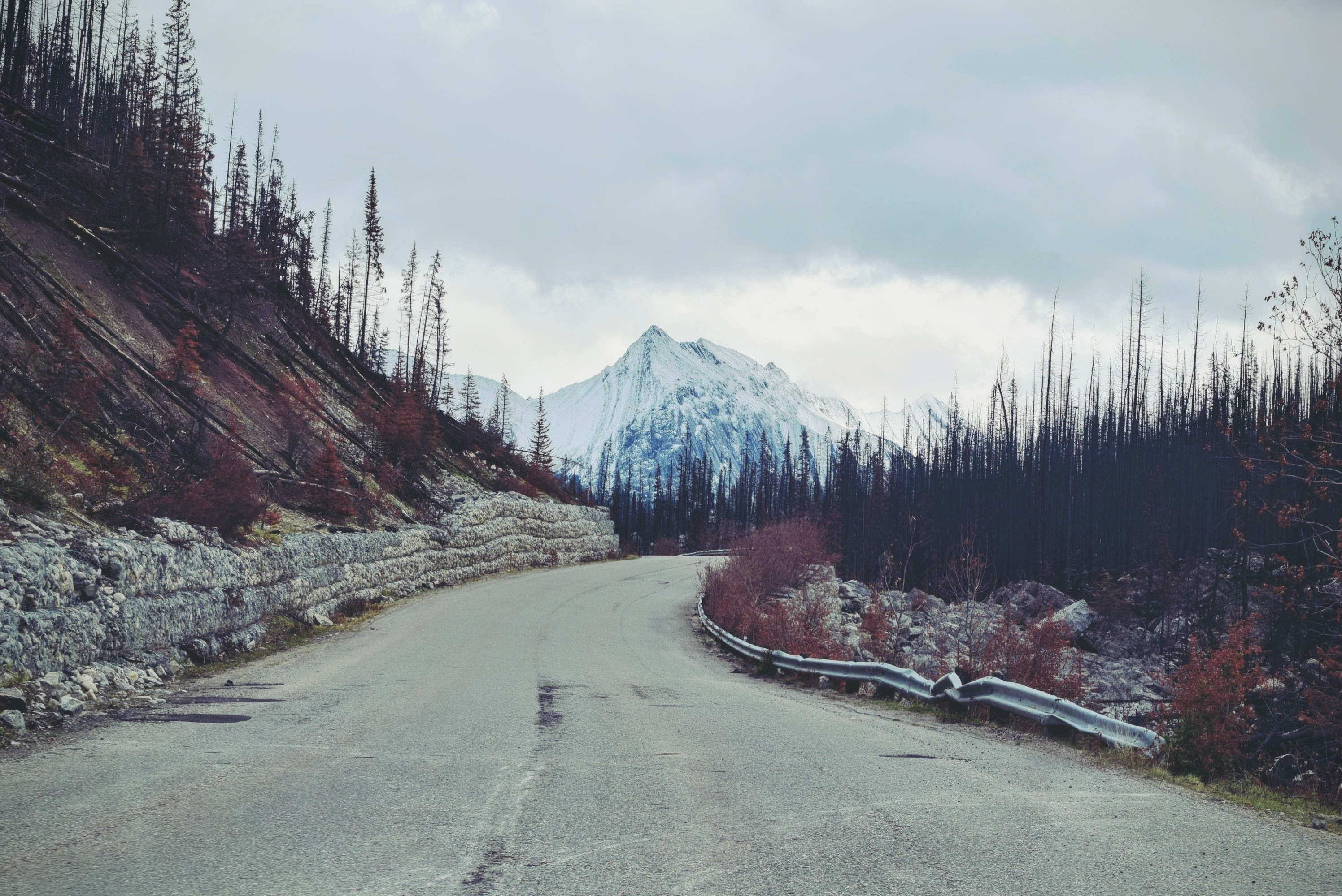 Winding road through a mountain landscape with snow-capped peaks HD Wallpaper