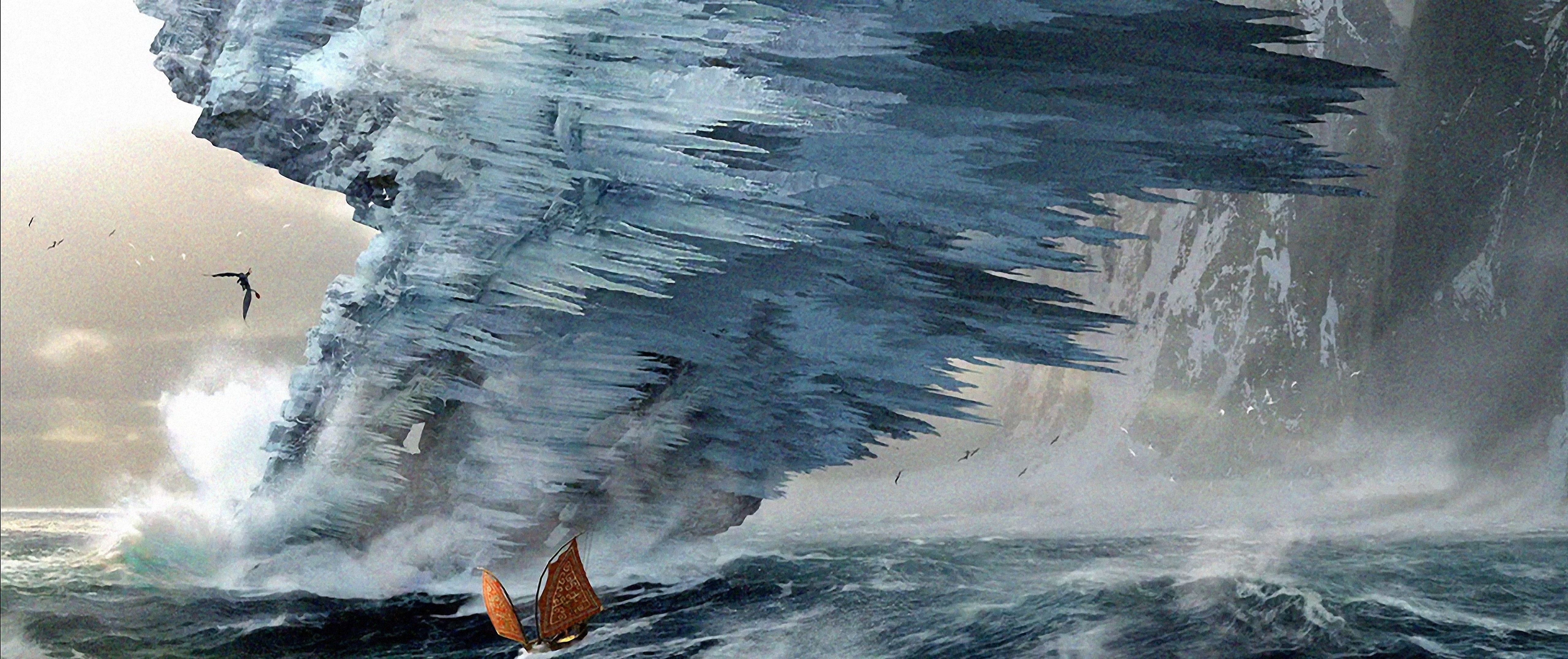 Concept art of a large ice formation over a stormy sea with a small boat HD Wallpaper