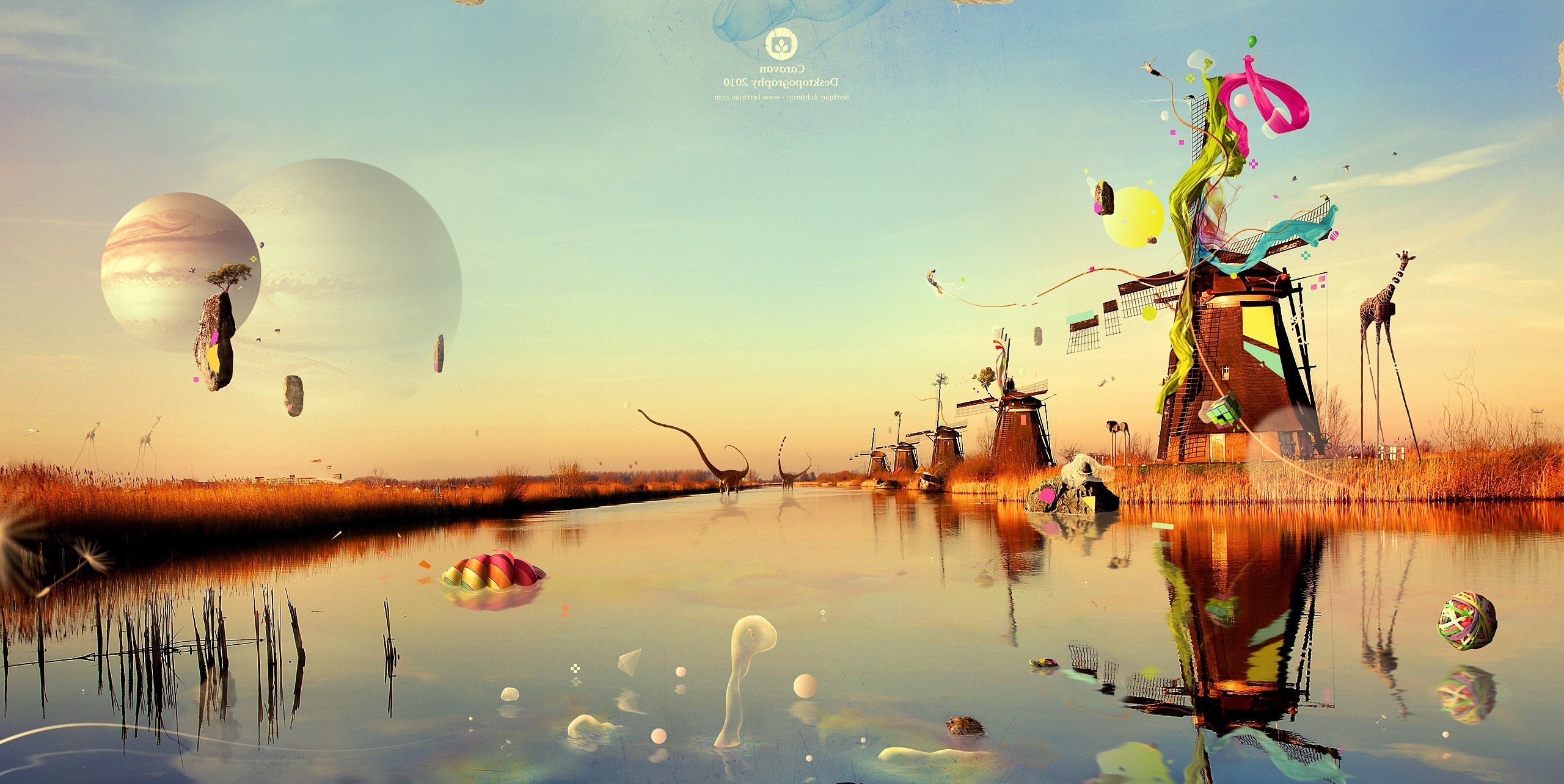 Surreal landscape with windmills, planets, and giraffes HD Wallpaper