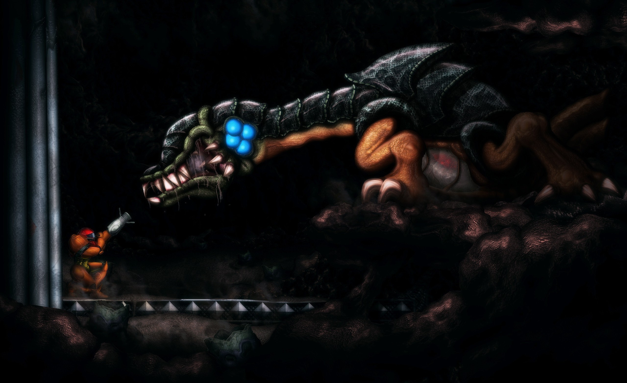 Samus Aran fighting a large creature in Metroid HD Wallpaper