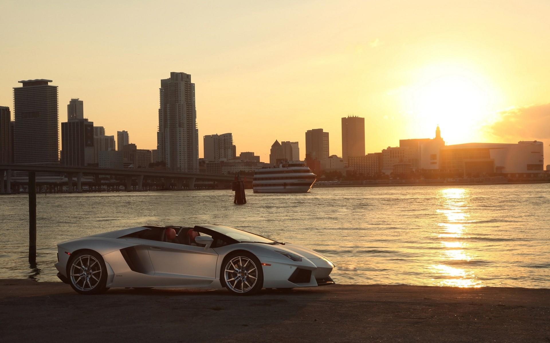 Silver Lamborghini Aventador Roadster in Miami at Sunset HD Wallpaper