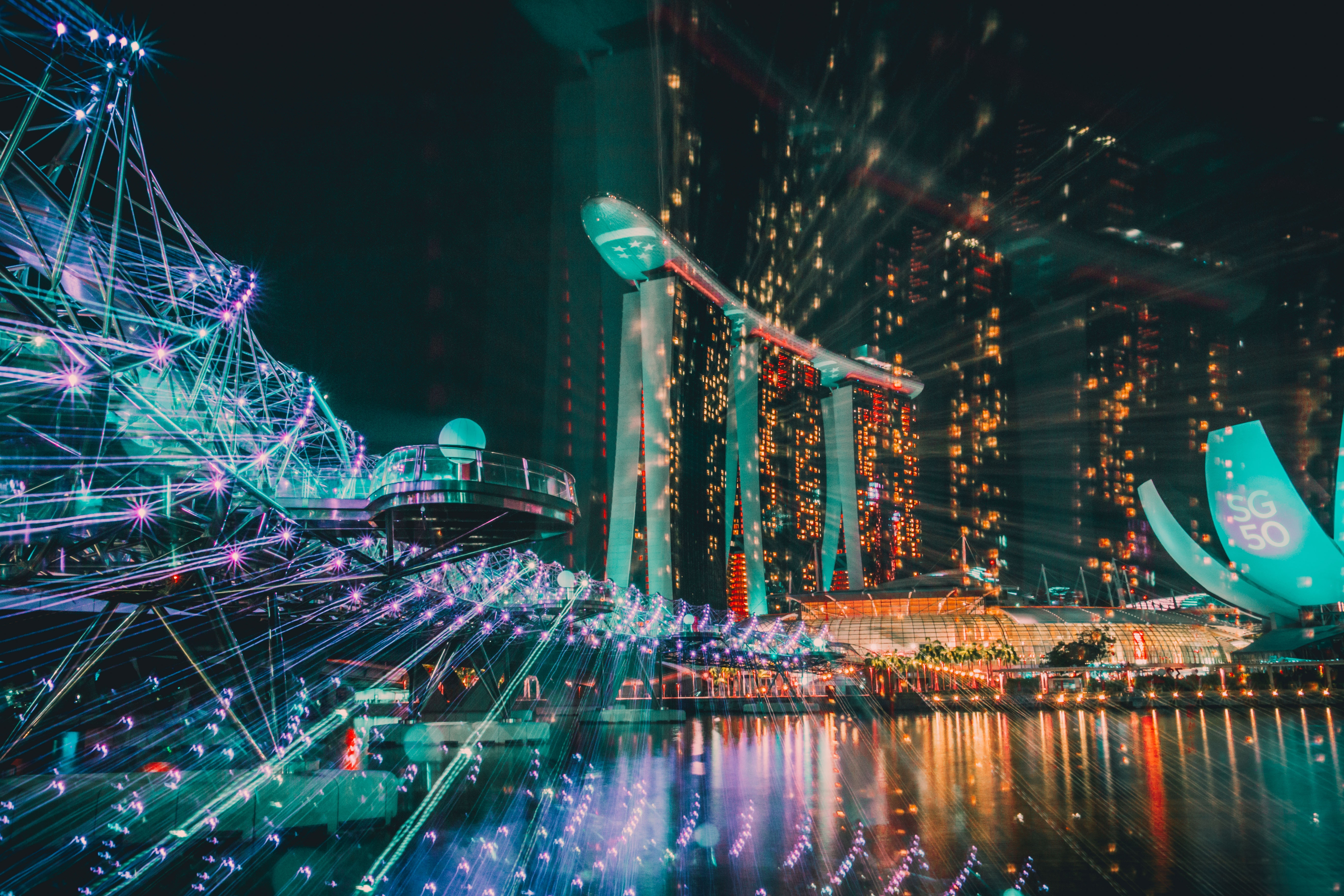 Singapore Marina Bay Sands light show at night HD Wallpaper