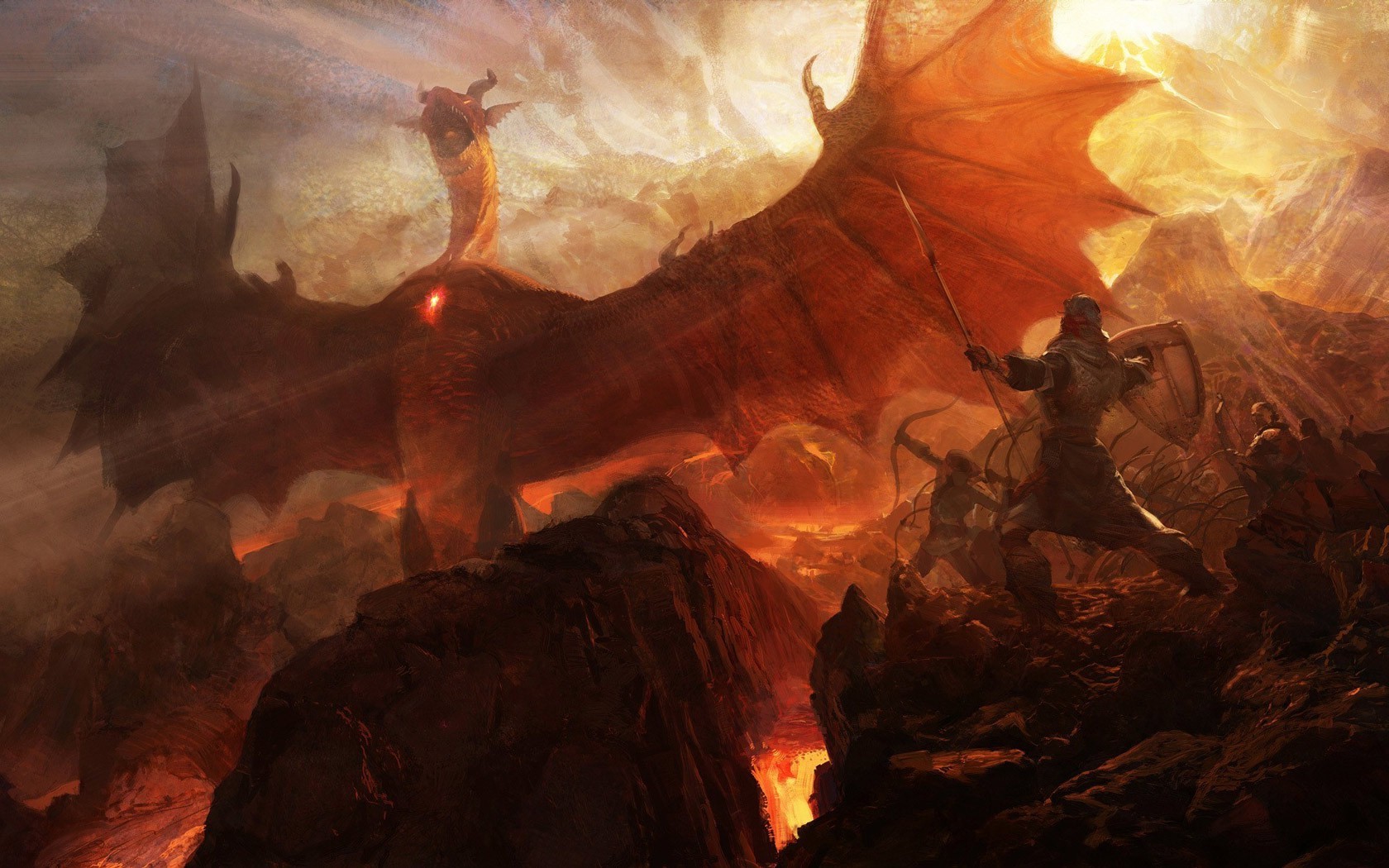 Dragon's Dogma: Dragon fighting warriors in a volcanic landscape HD Wallpaper