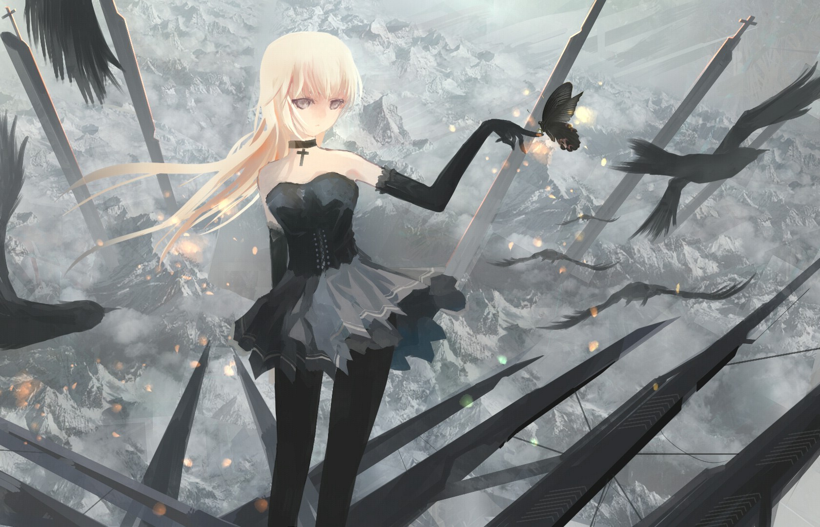 Anime girl with blonde hair and black dress holding a butterfly HD Wallpaper