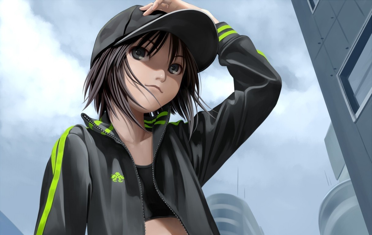 Anime girl in a black jacket and cap HD Wallpaper
